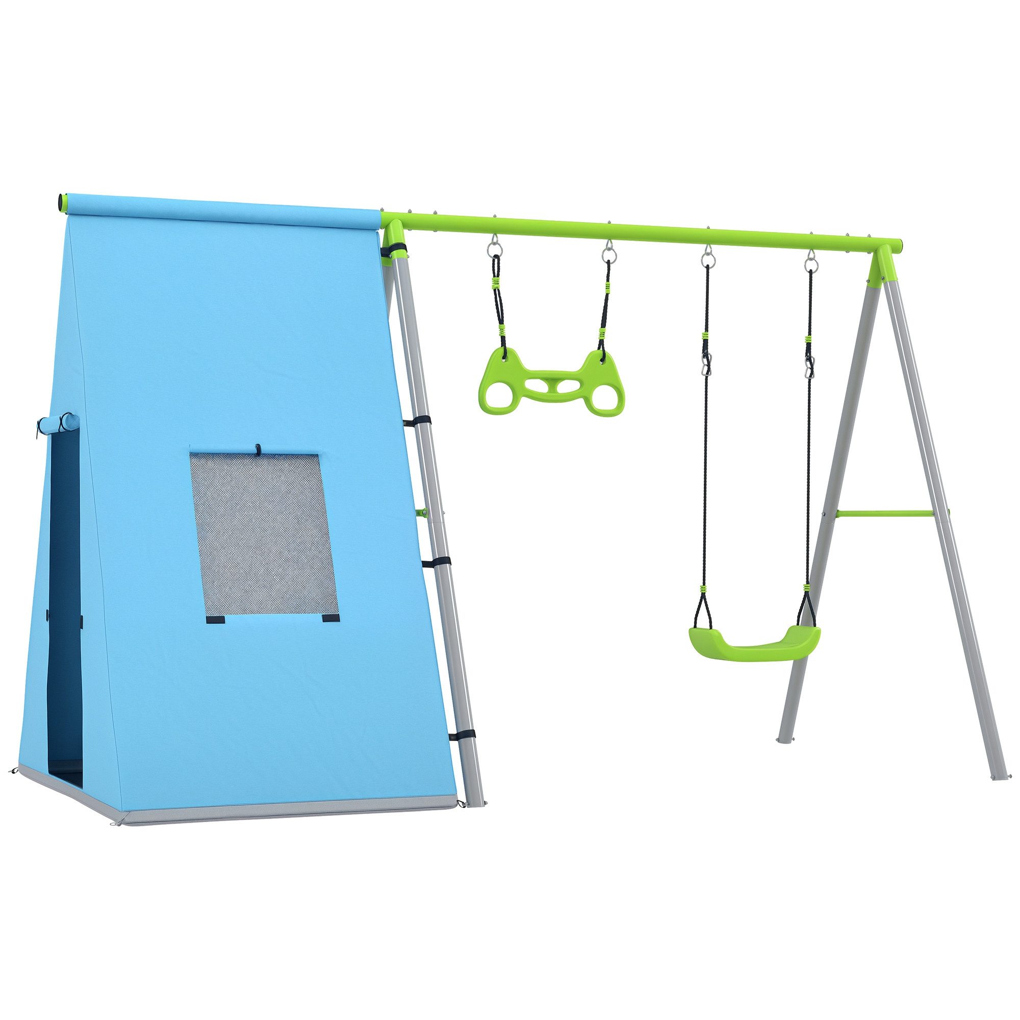 AIYAPLAY Schaukelgestell 3-in-1-Schaukel für Kinder, aus Metall, (mit Spielzelt, Turnringen, 1-tlg., Kinderspielplatz-Spielset für den Garten im Freien), 3-in-1 Design mit Zelt, Schaukel und Turnringen