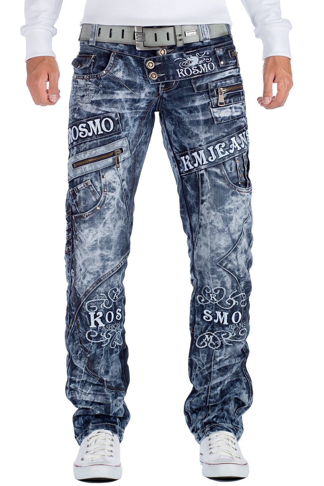 Kosmo Lupo 5-Pocket-Jeans Auffällige Herren Hose BA-KM051 Blau W32/L32 (1-tlg) Markante Waschnung und Verzierungen