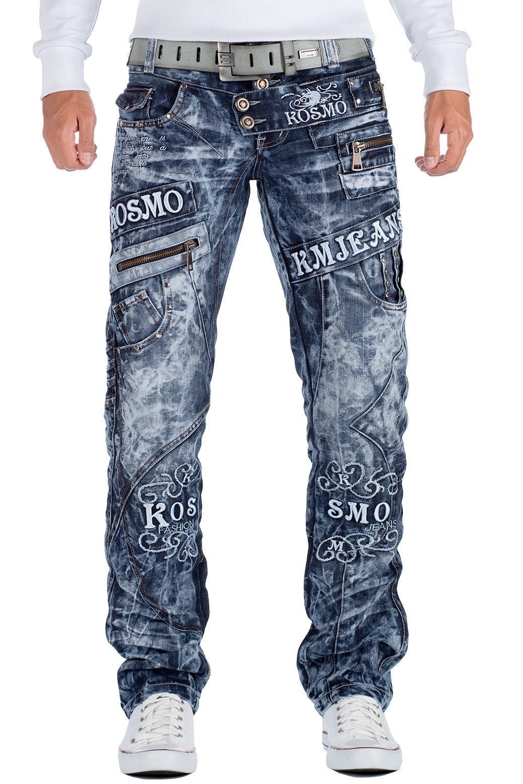 Kosmo Lupo 5-Pocket-Jeans Auffällige Herren Hose BA-KM051 Blau W36/L34 (1-tlg) Markante Waschnung und Verzierungen