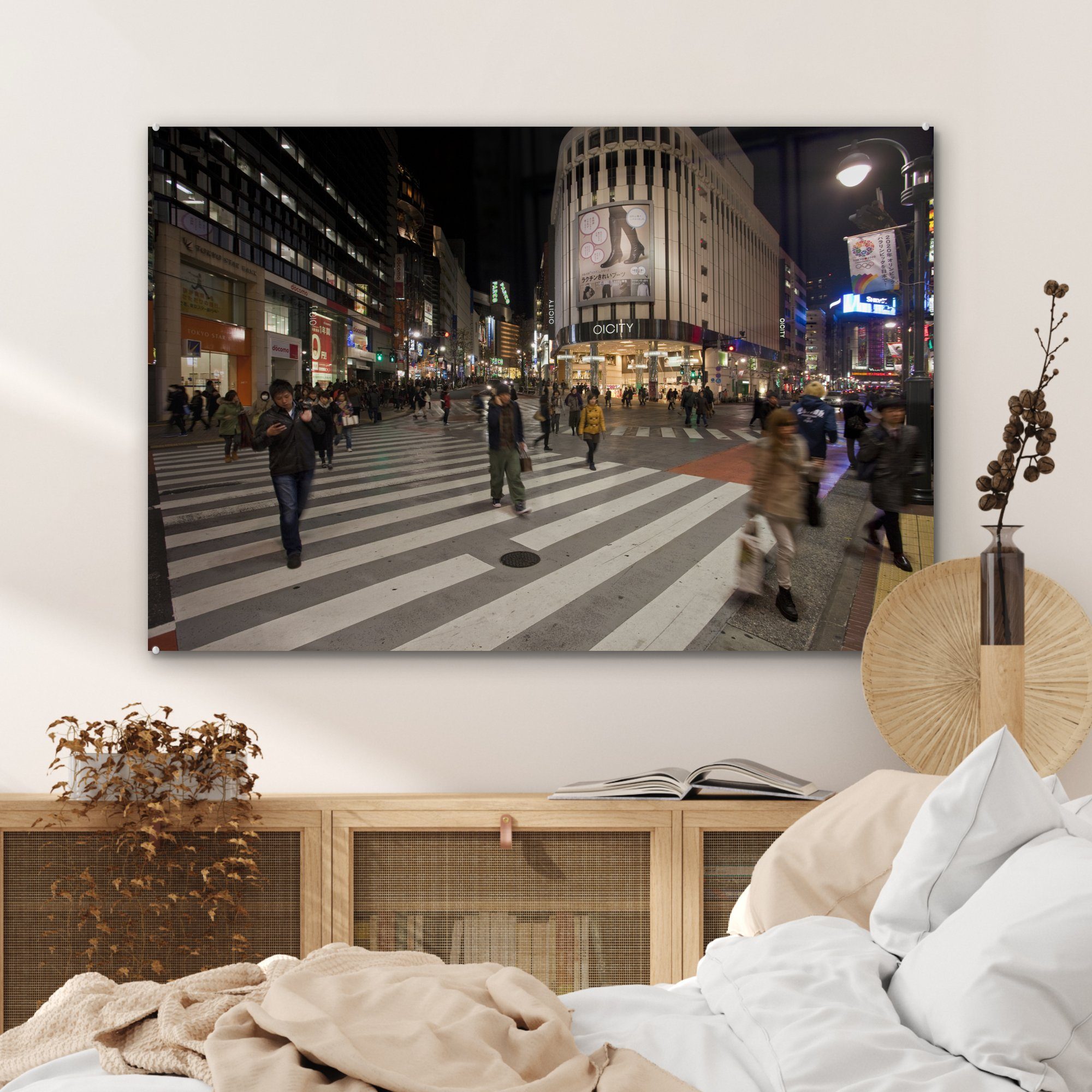 MuchoWow Acrylglasbild Zebrastreifen in & Abend, St), am (1 Japans Shibuya Schlafzimmer Wohnzimmer Acrylglasbilder