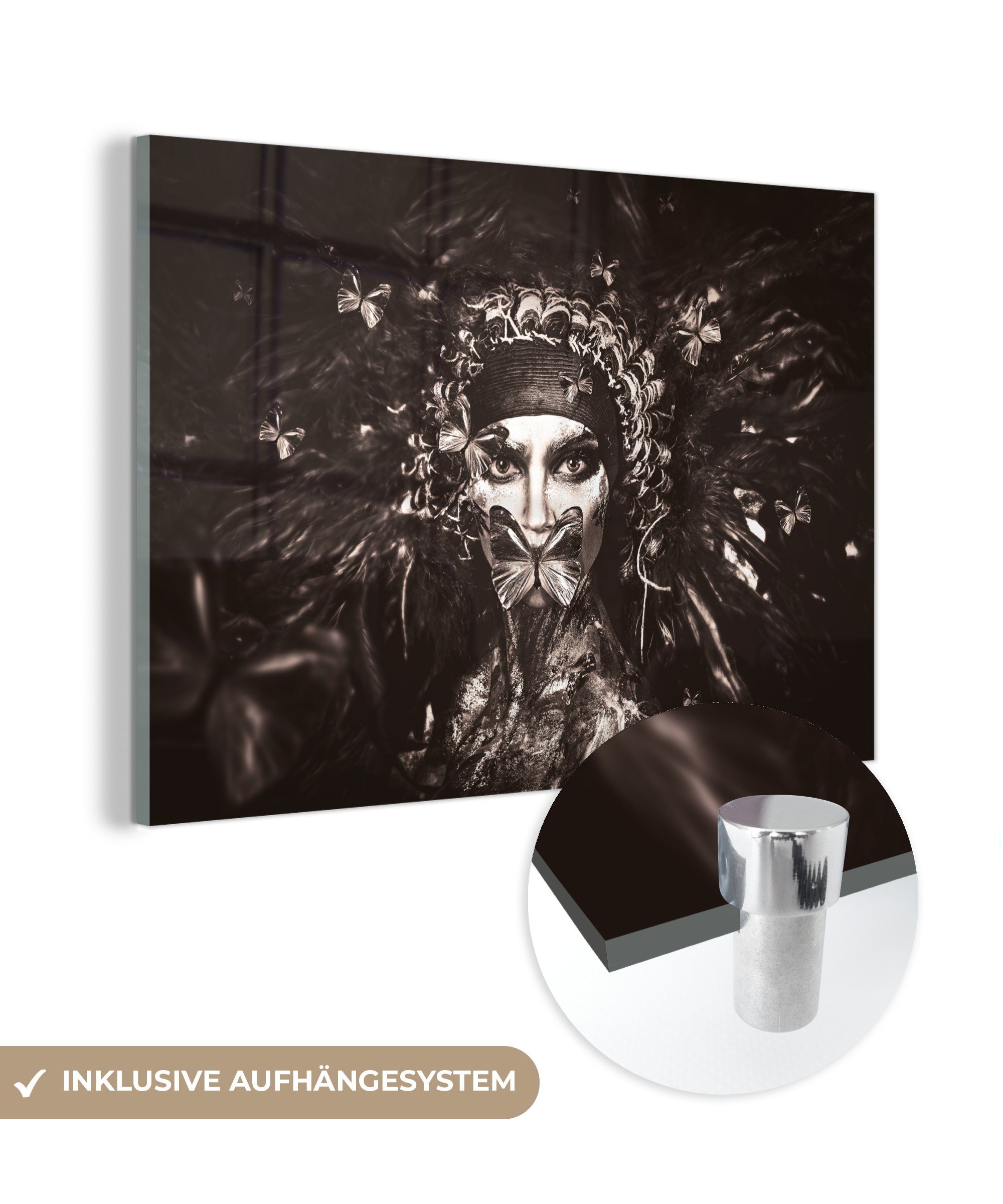 Acrylglasbild Glas auf auf - Wandbild - - St), Bilder Glas - Foto - bunt Weiß MuchoWow Glasbilder Schwarz Frau - (1 Luxus, Wanddekoration