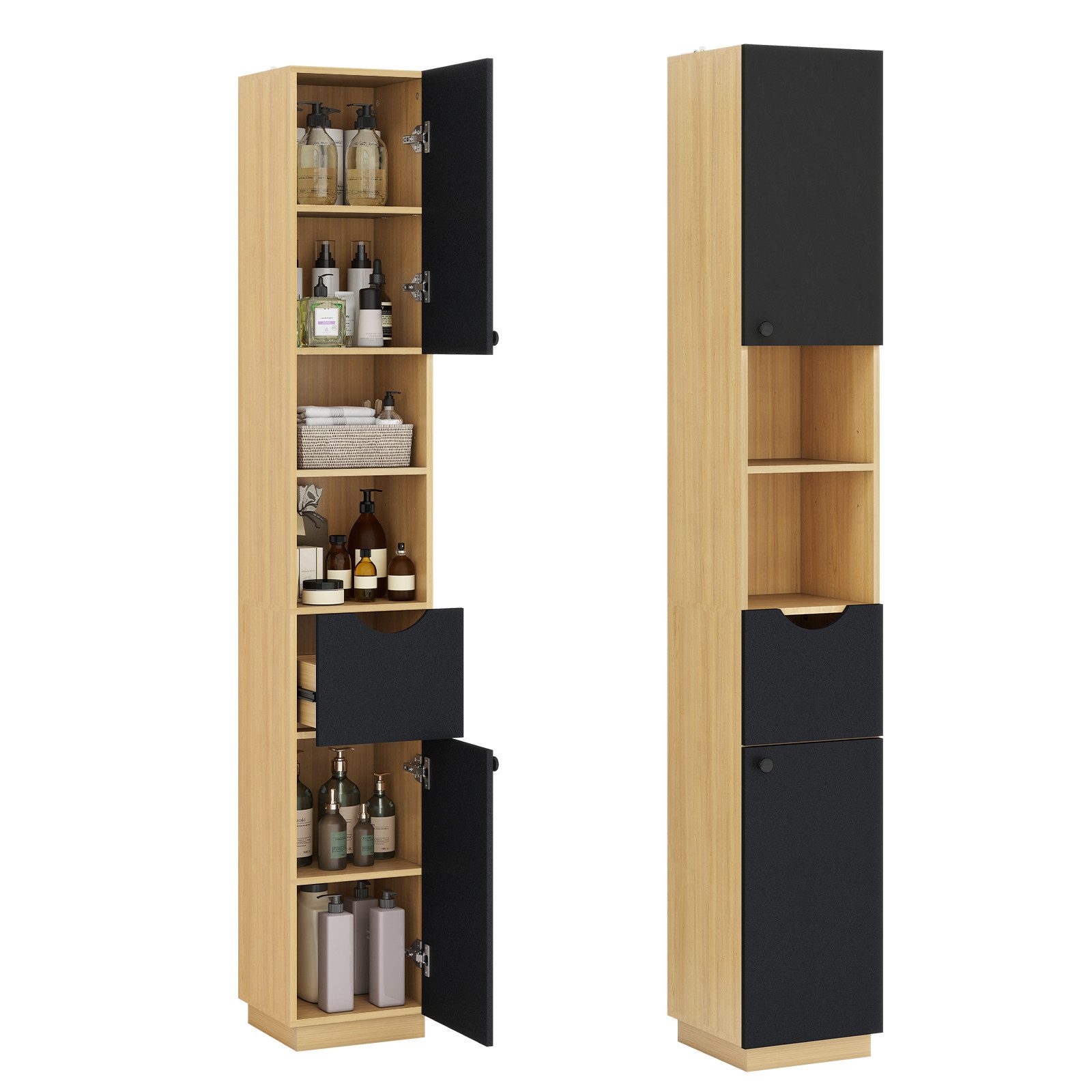 Puluomis Badkommode Badezimmerschrank mit Schubladen, Hochschrank schmal 30x30x190 cm, Kippschutz Aufbewahrungsschrank für Bad, Küche, Flur schwarz