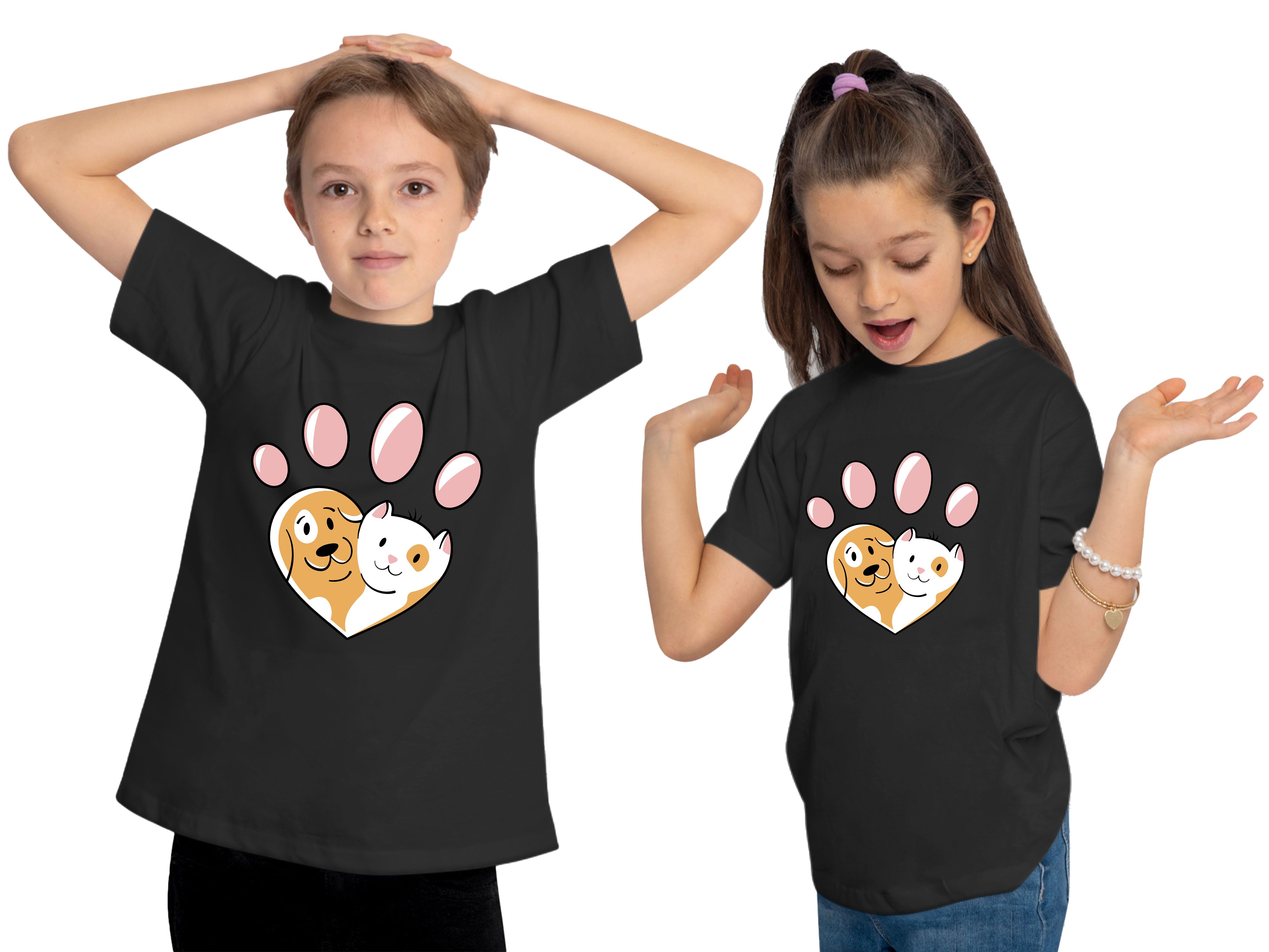 mit Katze Print-Shirt T-Shirt Hund i223 und MyDesign24 Aufdruck, Baumwollshirt Herz schwarz Kinder bedrucktes - Hunde mit Pfote