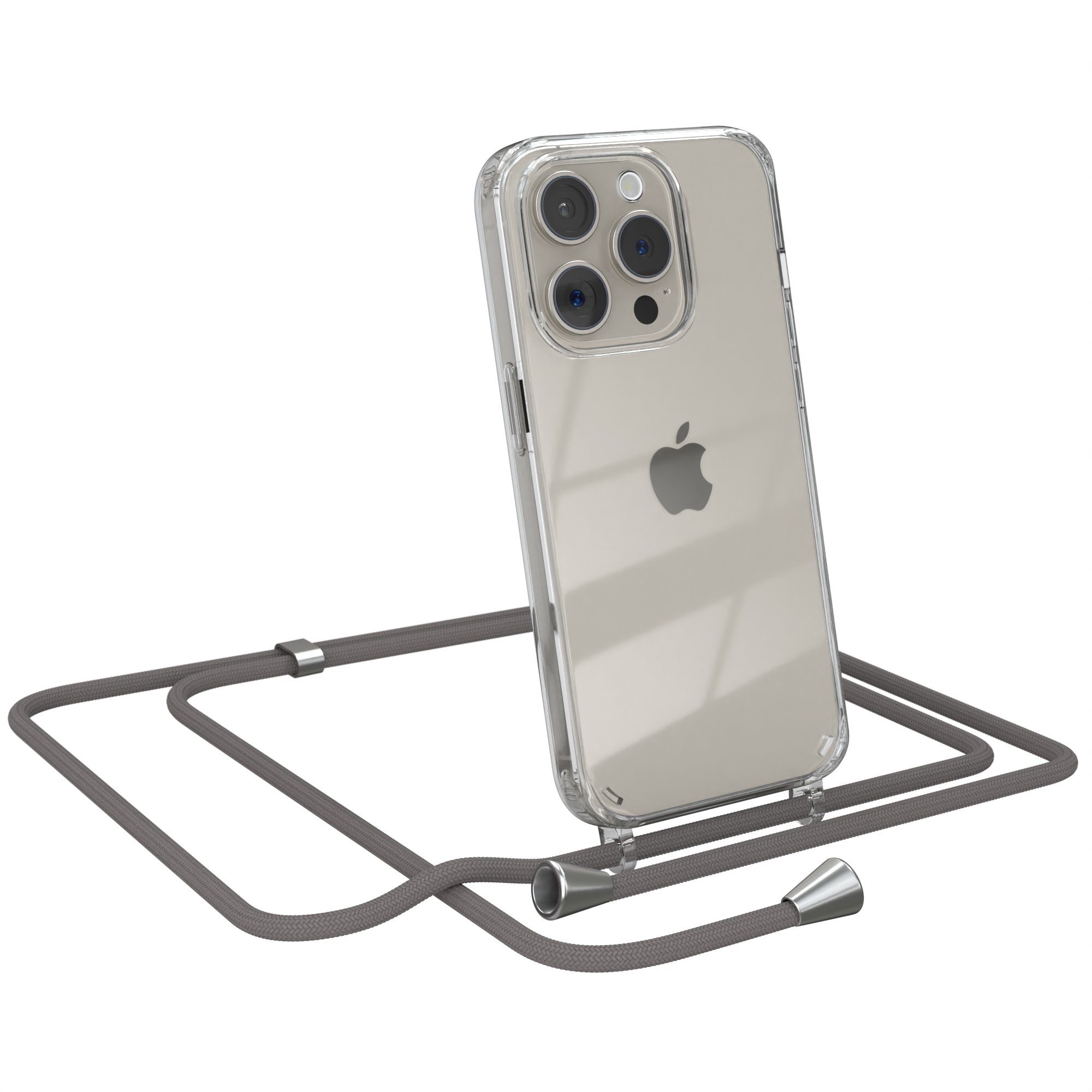 EAZY CASE Handykette mit-/ohne Magsafe Hülle für iPhone 15 Pro 6,1 Zoll, Slimcover Handykette Hülle mit Band Handykordel Clear Case Slim Grau