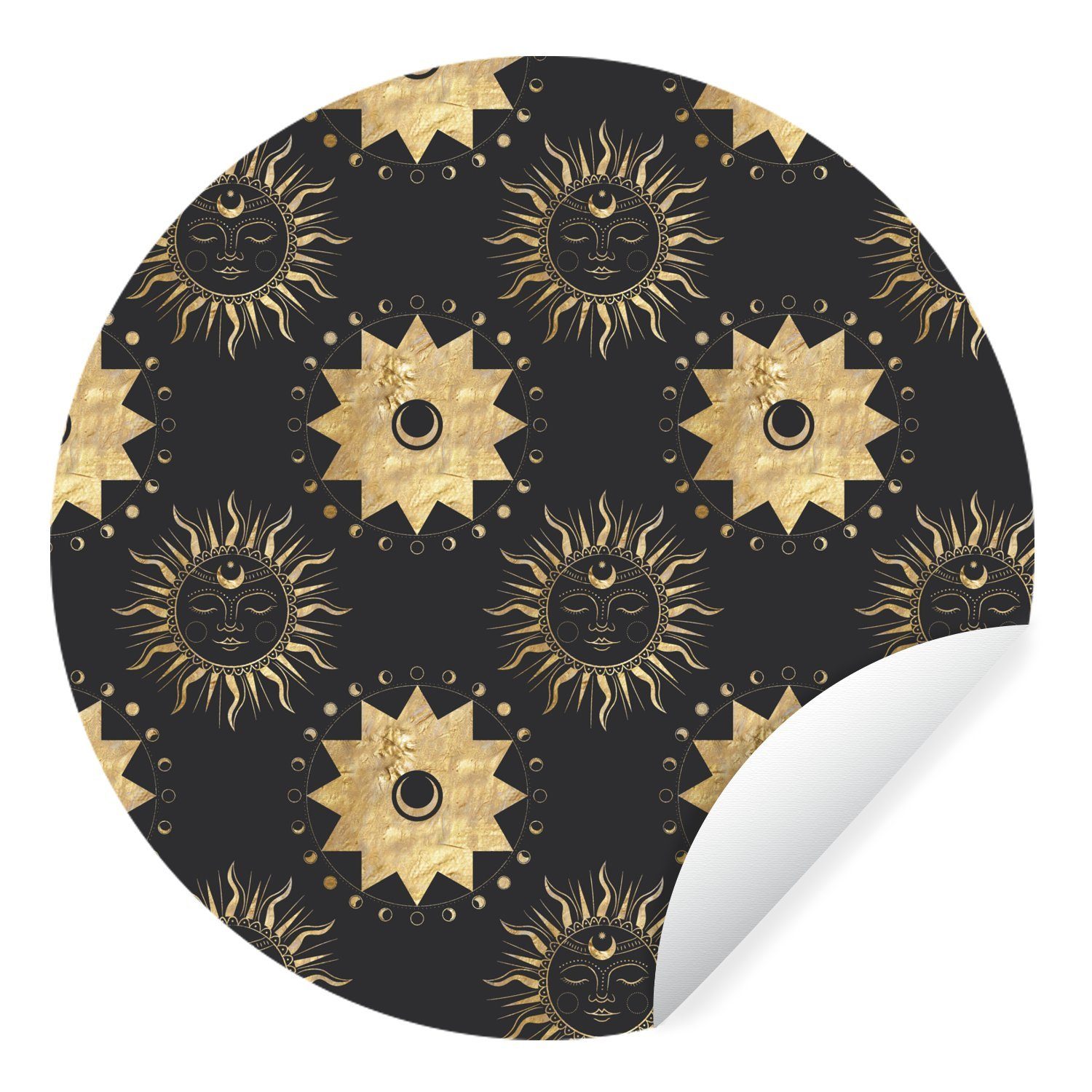 MuchoWow Wandsticker Muster - Sonne - Sterne - Gold (1 St), Tapetenkreis für Kinderzimmer, Tapetenaufkleber, Rund, Wohnzimmer