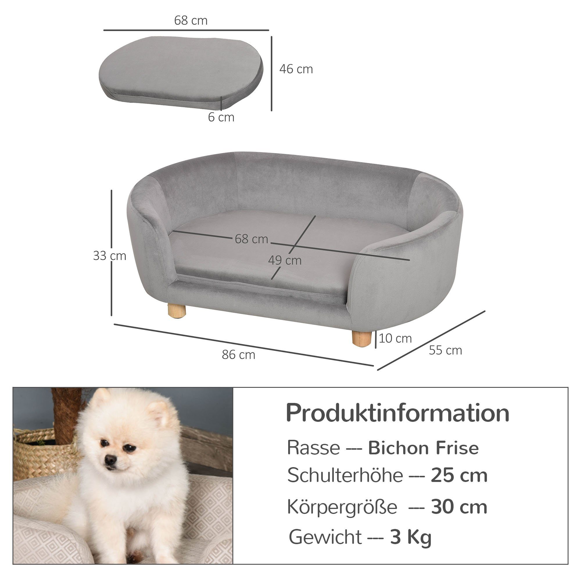PawHut Tierbett Hundebett mit Holländischer Samt Schaumstoff, Holländischer Samt, Hellgrau 86 x 55 x 33 cm