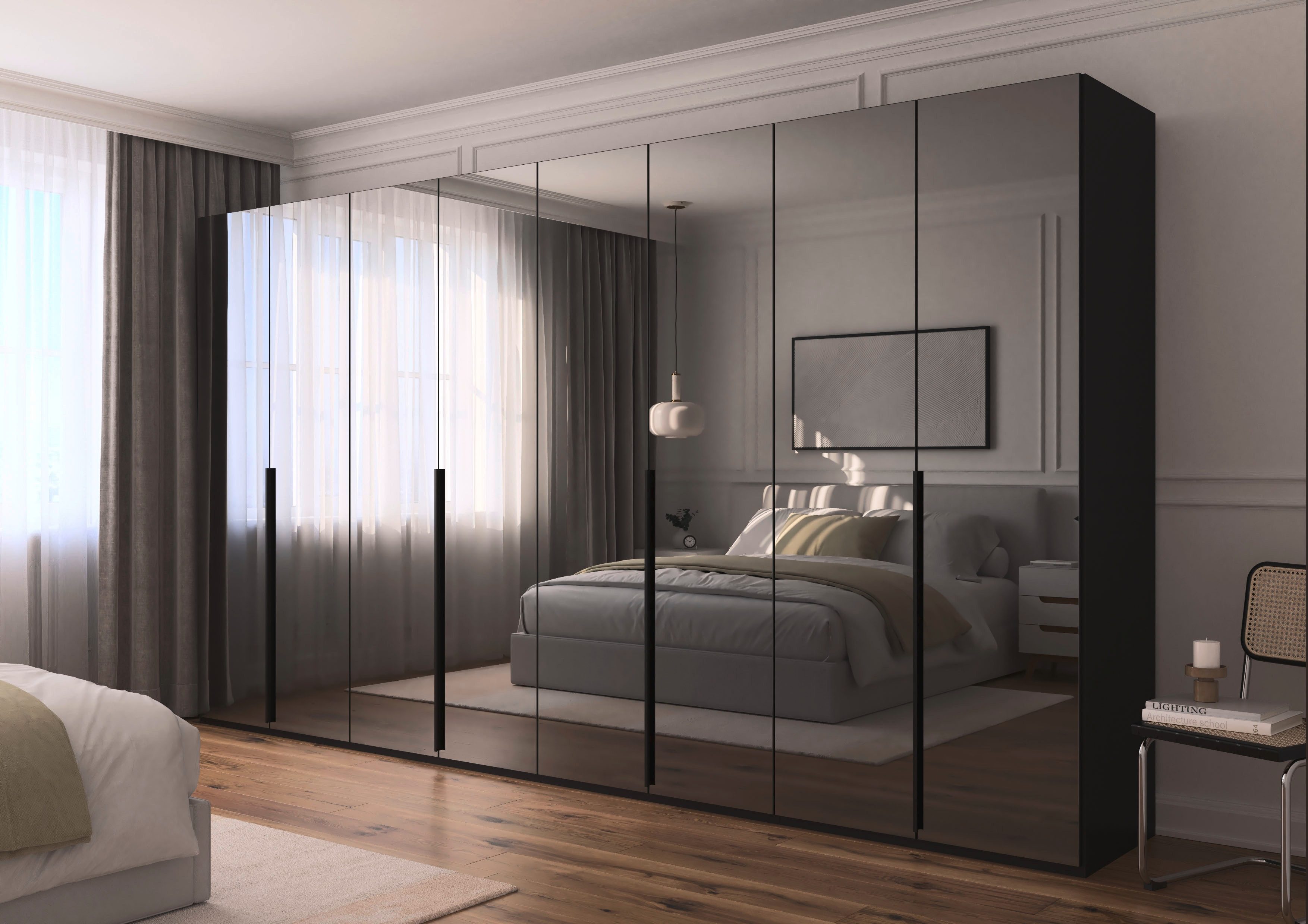 rauch Drehtürenschrank Kleiderschrank Schrank Garderobe Wäscheschrank BESTSELLER MONTCLAR (3 Ausstattungen BASIC/CLASSIC/PREMIUM (SOFT-CLOSE), Breiten 201-400 cm) Front in Glas/Hochglanz/Dekor/Grauspiegel in 5 Breiten MADE IN GERMANY