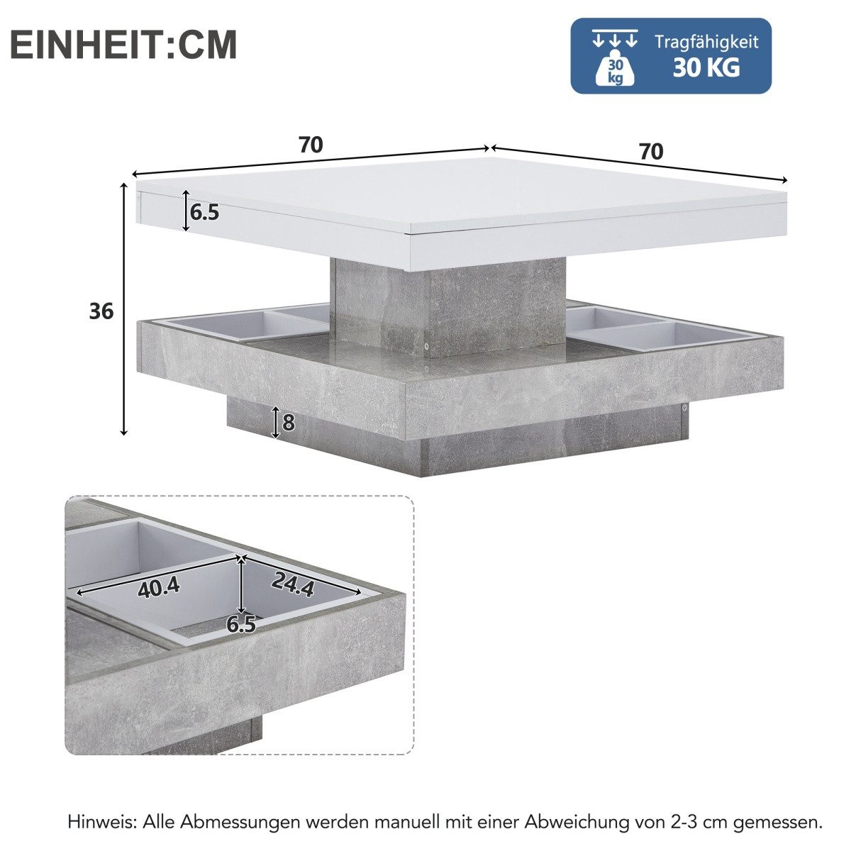 IDEASY Couchtisch Hochglanz-Doppelschicht-Couchtisch mit 360° schwenkbarer Tischplatte (Wohnzimmer-Couchtisch, 30 kg belastbar), Offenes Fach mit 4 herausnehmbaren Staufächern