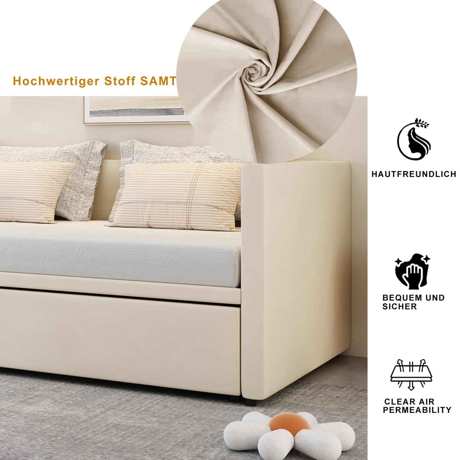 Simurq Daybett Schlafsofa 90/180x200cm, Ausziehbett, Tagesbett, Mit Unterbett, Lattenrost, Samt, Gästebett, Platzsparend
