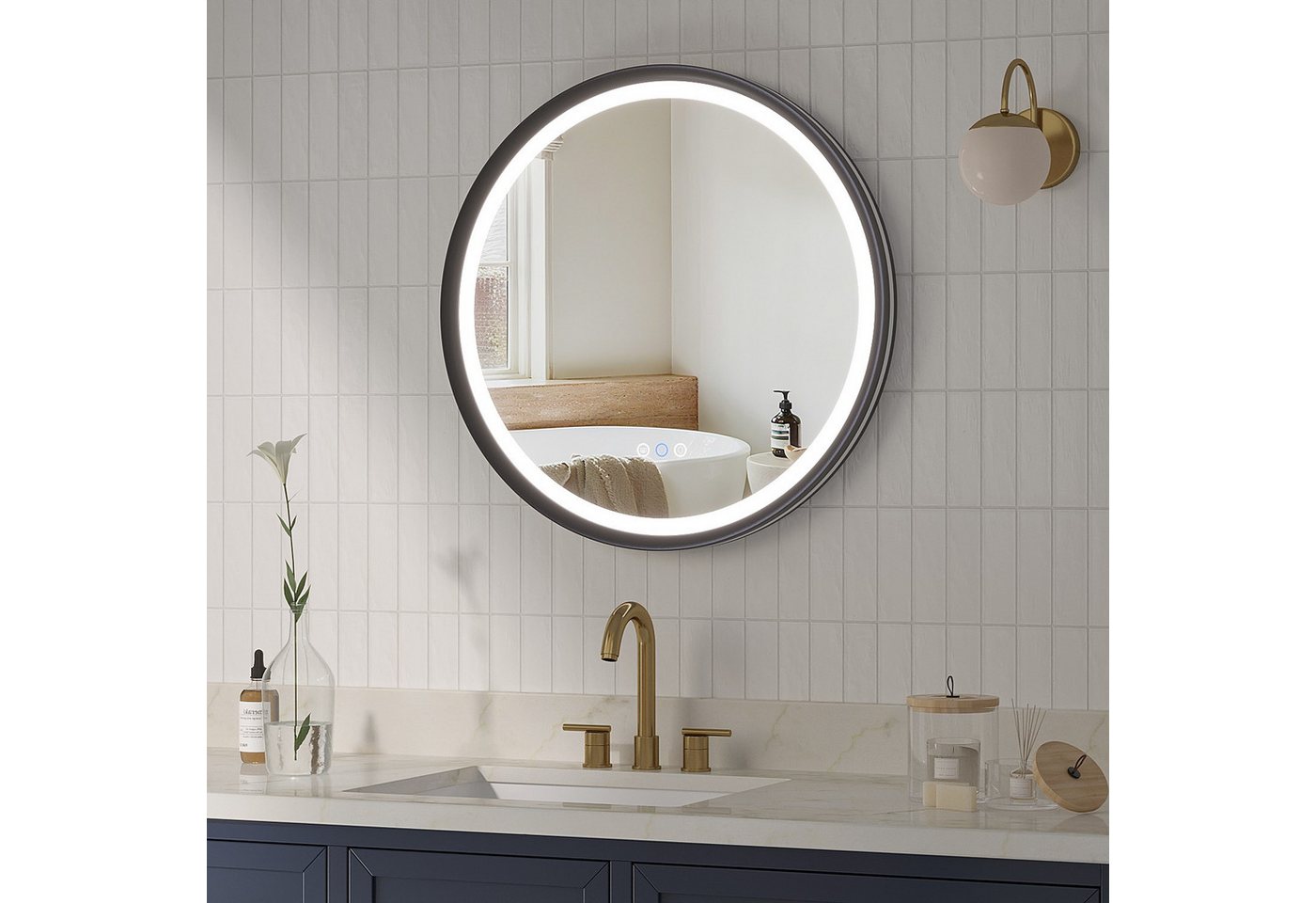 AQUALAVOS Rahmenspiegel-rund Badspiegel mit Beleuchtung Rund 60 cm Aluminiumrahmen Touch Schalter, LED Beleuchtung Dimmbar Kaltweiß & Warmweiß Touchschalter Alu-Rahmen