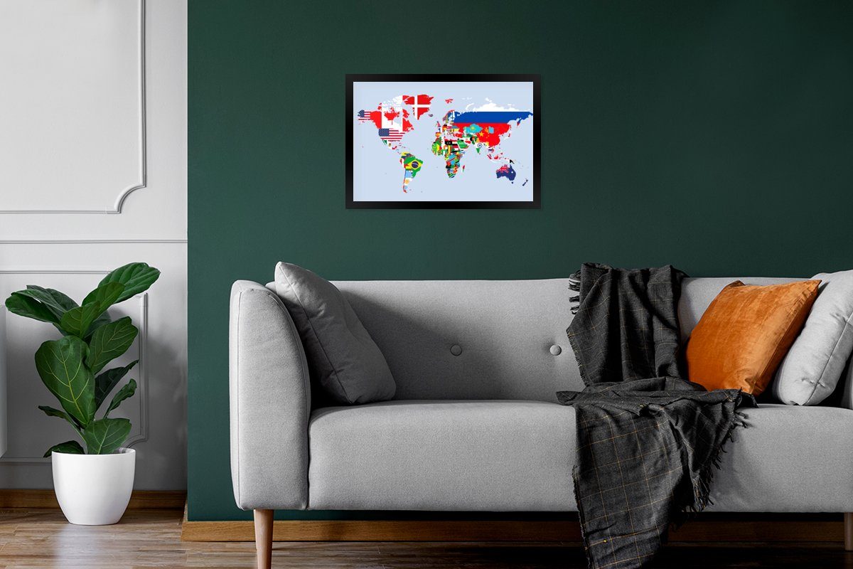 Länder, St), Poster Welt (1 Bilder, - MuchoWow - Wanddeko, Bilderrahmen Gerahmtes Wandposter, Karte Poster, Flagge - Schwarzem