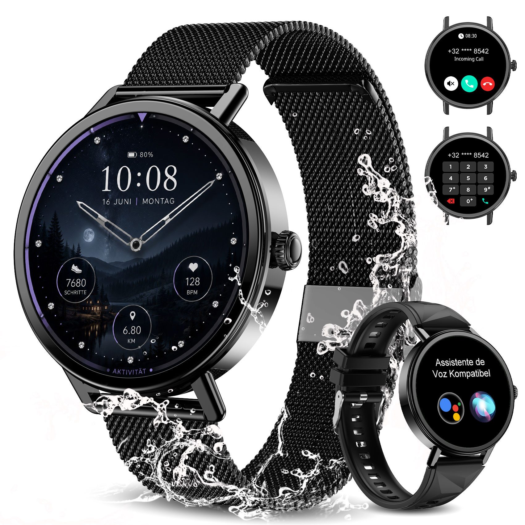 blackview Smartwatch X30 1,26″ für Damen mit Telefonfunktion undFitness-Tracking Smartwatch (4 cm/1.26 Zoll, iOS/Android) Set, mit Wechselband aus weichemSilikon und Ladekabel, 5 Tage Akkulaufzeit/2 Armbänder/HF&SpO₂& Blutdruck/100+ Sportmodi,IP68