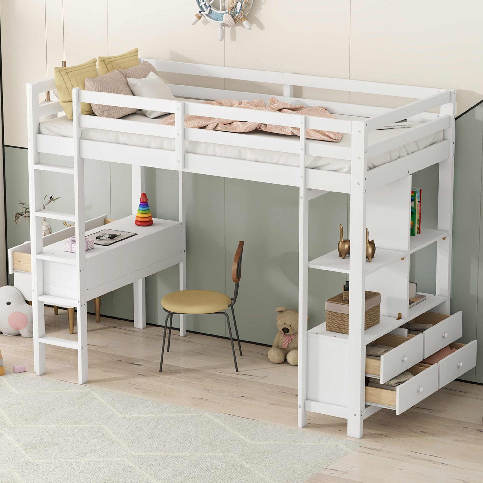Flieks Hochbett Kiefer Kinderbett mit Schreibtisch & Stauraumregal 90x200cm günstig online kaufen