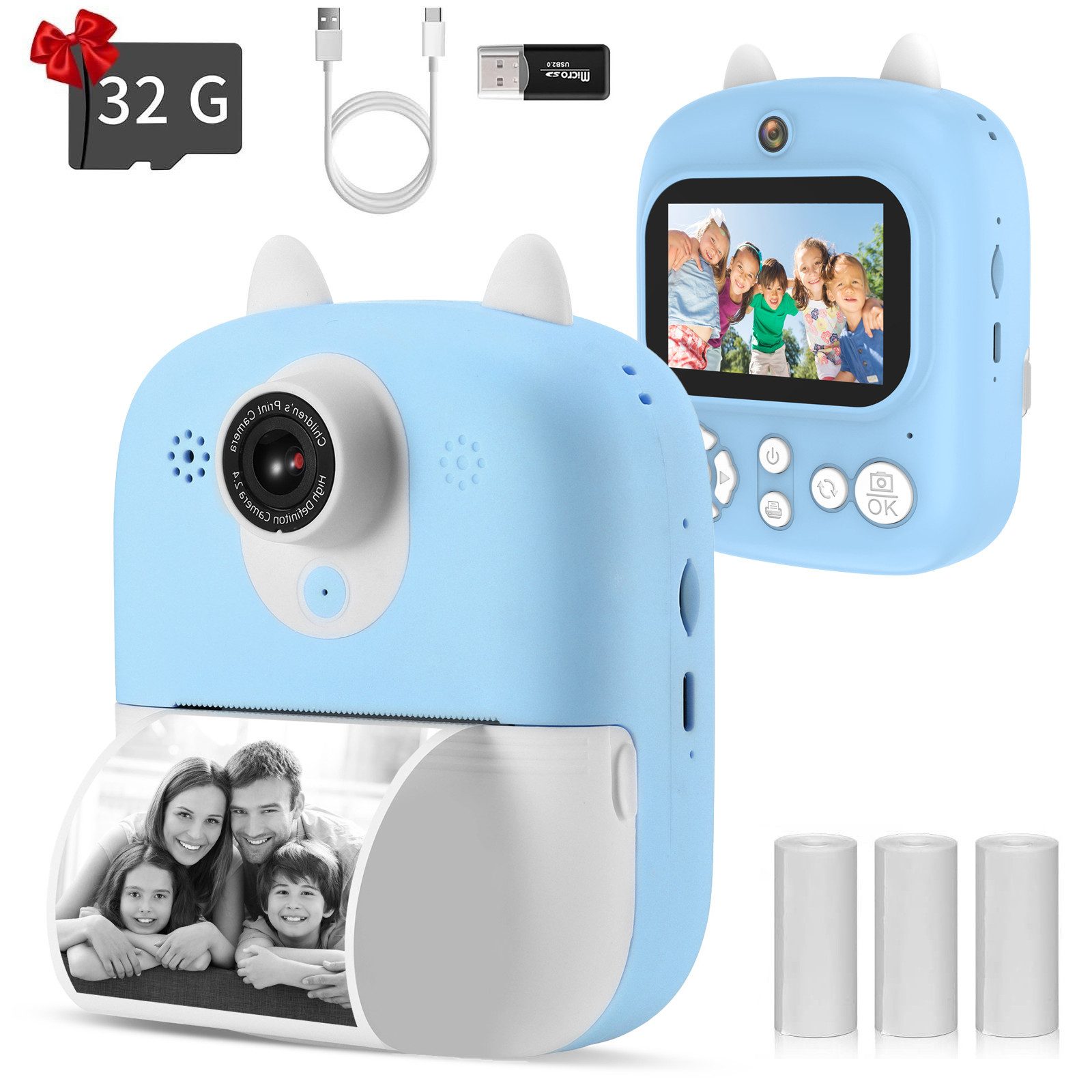 BlingBin 2,4 Zoll 1080P Kinder Kamera Sofortdruck Schwarzweiß Videokamera Sofortbildkamera (12 MP, 8x opt. Zoom, Live-Ansicht)
