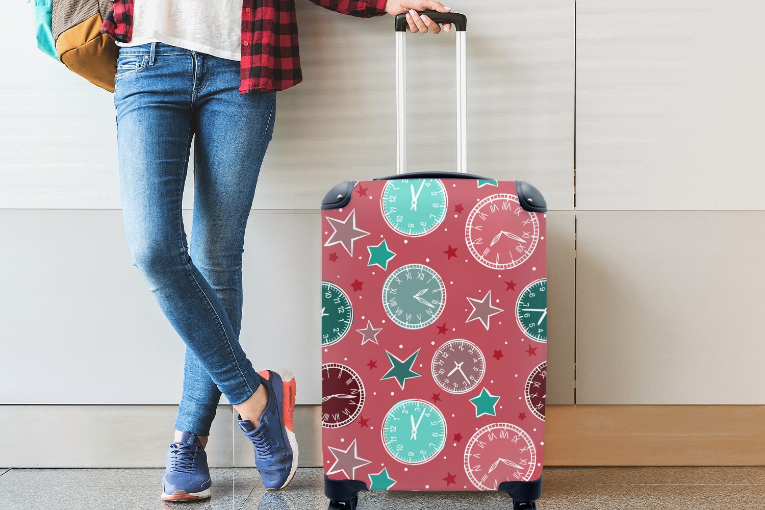 MuchoWow Handgepäckkoffer - Rosa - rollen, - Uhr Muster Sterne, Ferien, Handgepäck Reisekoffer Rollen, 4 Trolley, für Reisetasche mit