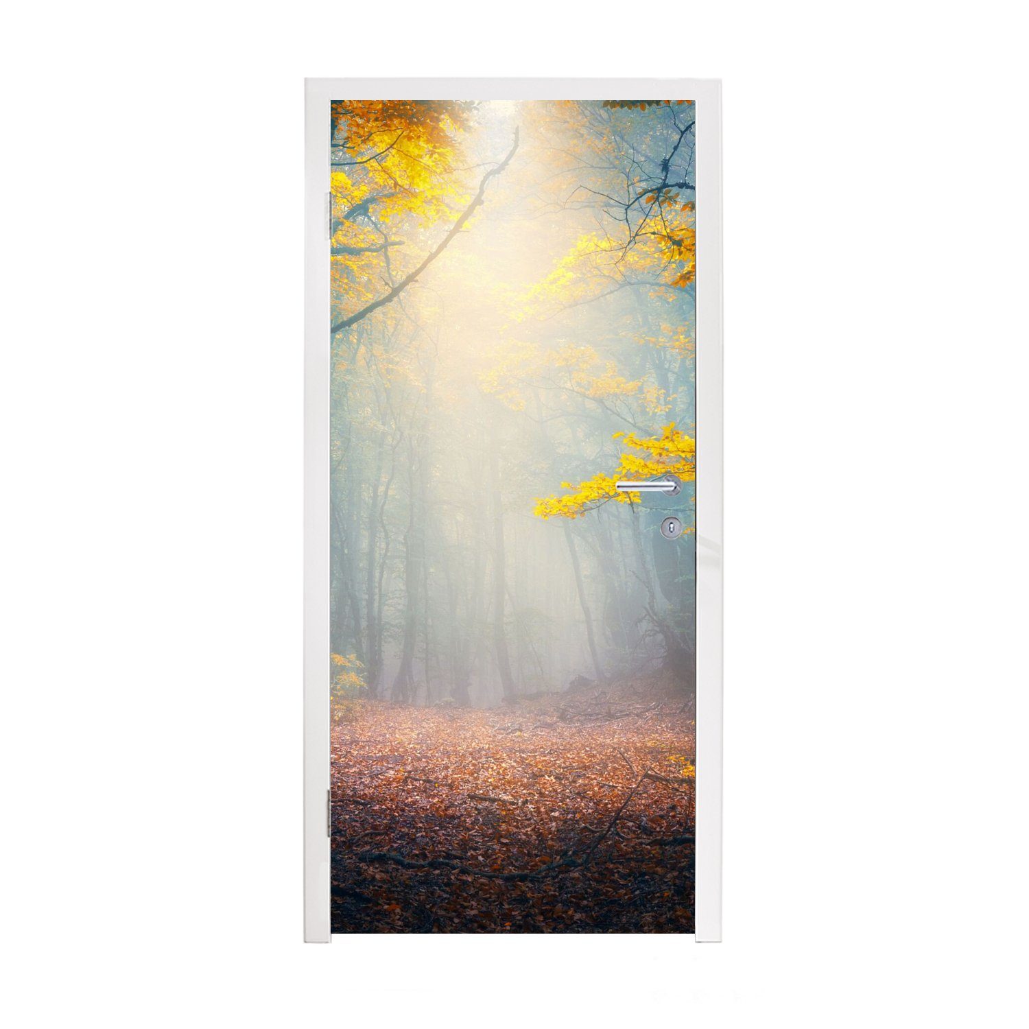 Herbst, cm Matt, bedruckt, 75x205 - MuchoWow St), Türaufkleber, Nebel für Tür, - Türtapete Fototapete (1 Wald