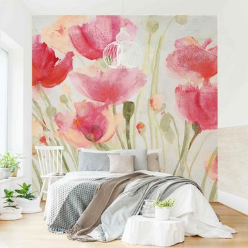 Bilderdepot24 Fototapete Mohnblumen Sommerwind Aquarell Floral Kunst bunt moderne Wanddeko XXL, Glatt, Matt, (Vliestapete inkl. Kleister oder selbstklebend), Wohnzimmer Schlafzimmer Küche Flur Motivtapete Vliestapete Wandtapete