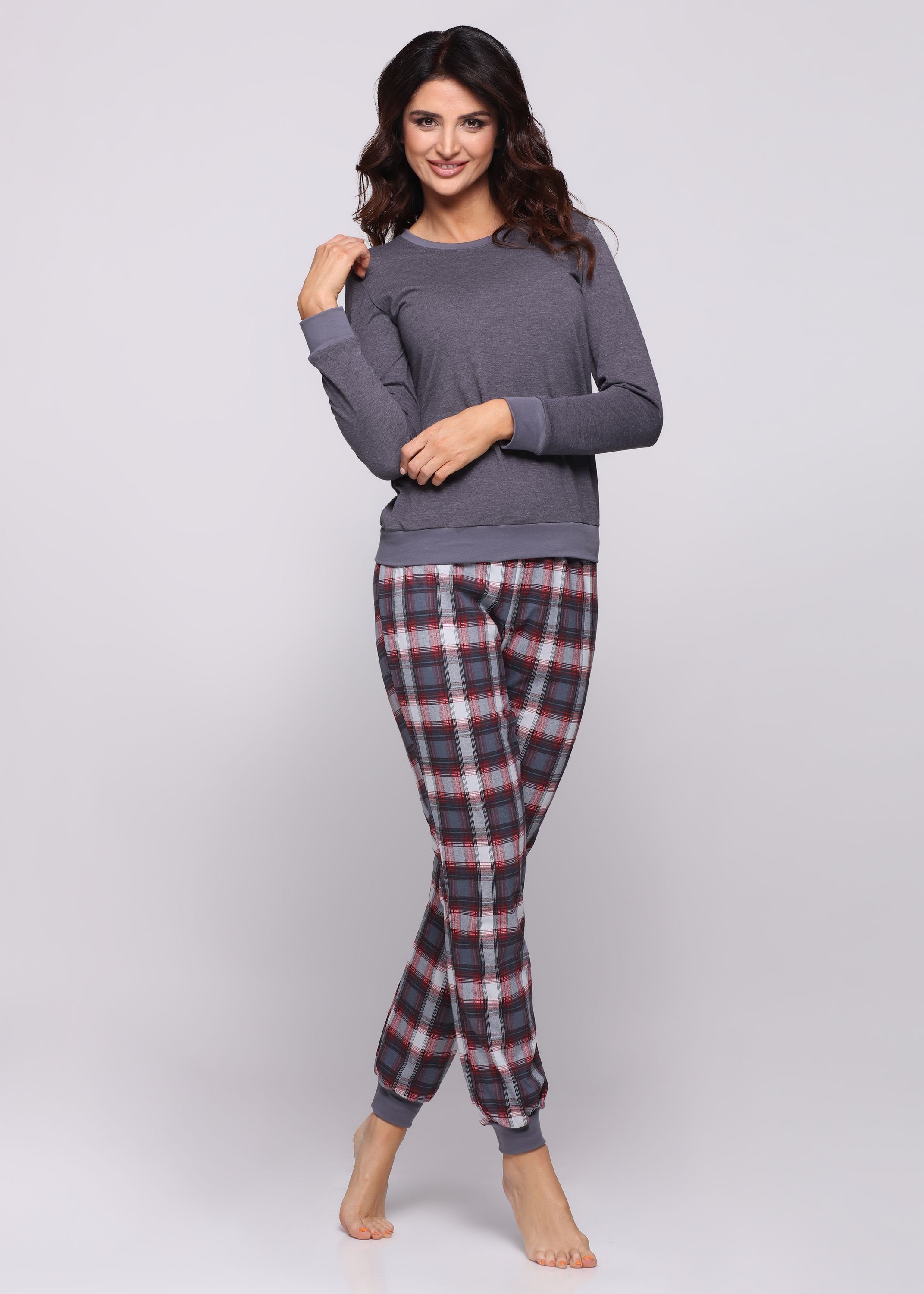 Dunkelmelange/Burgund lang Zweiteiler Muster Pyjama Style Schlafanzug bunt mit Schlafanzug Merry Damen MS10-268
