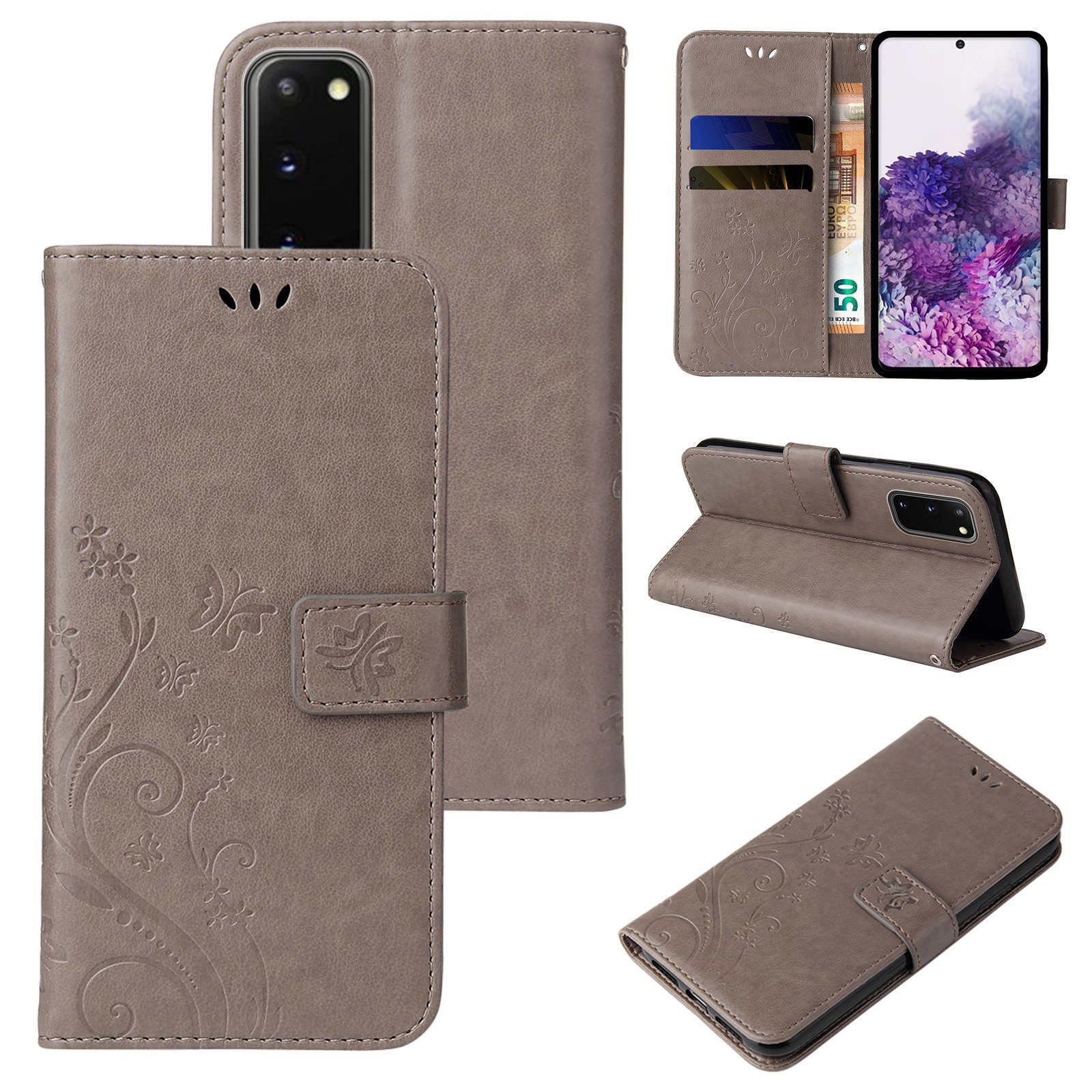 Tec-Expert Handyhülle Cover Tasche Hülle für Samsung Galaxy S20 6,2 Zoll, Klapphülle Case mit Kartenfach Fliphülle aufstellbar, Motiv Blumen