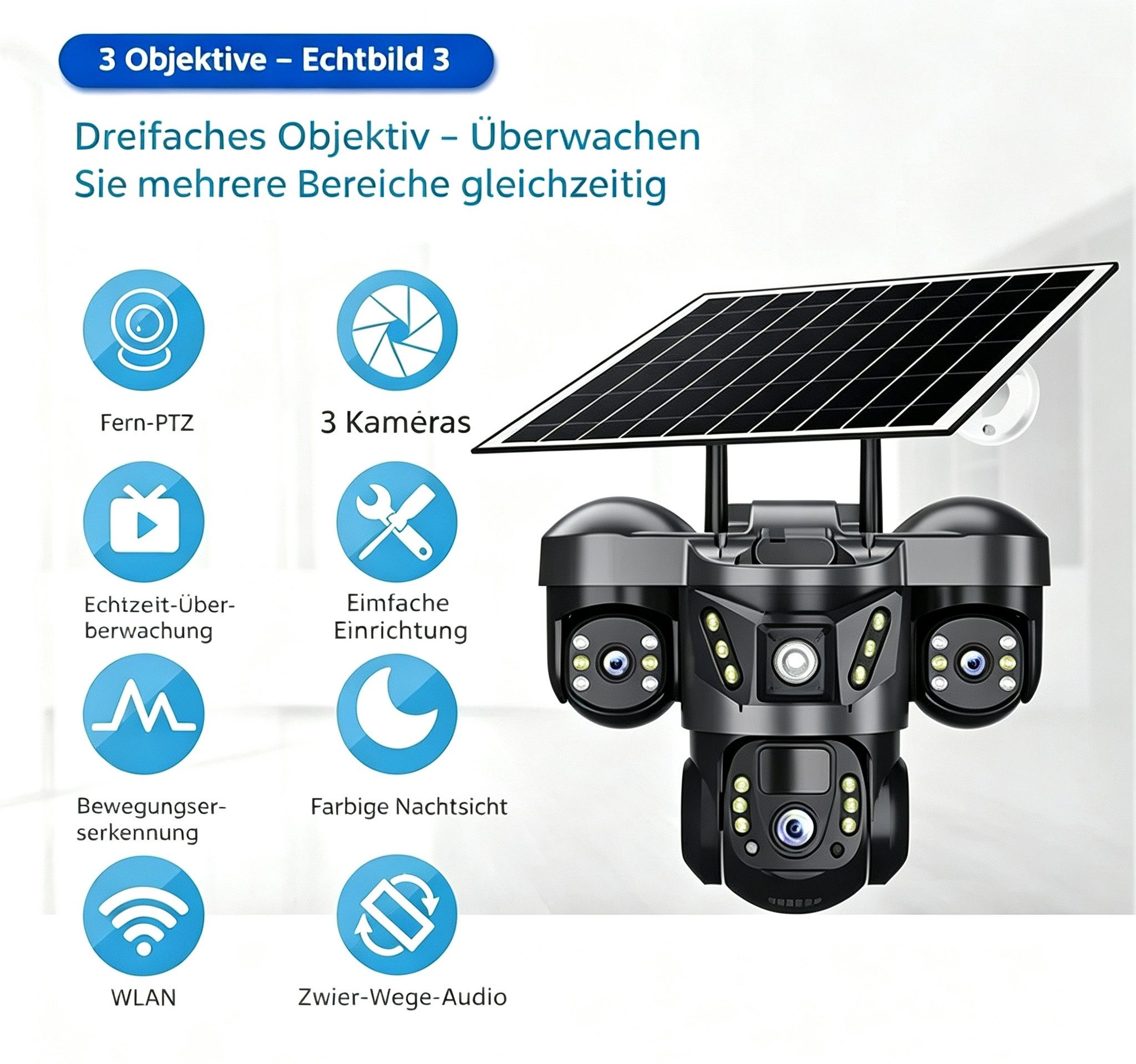 ANTCOOL Überwachungskamera Solar Überwachungskamera 3‑Objektiv WLAN PTZ 360° Nachtsicht Außen – Bild 3 von 5