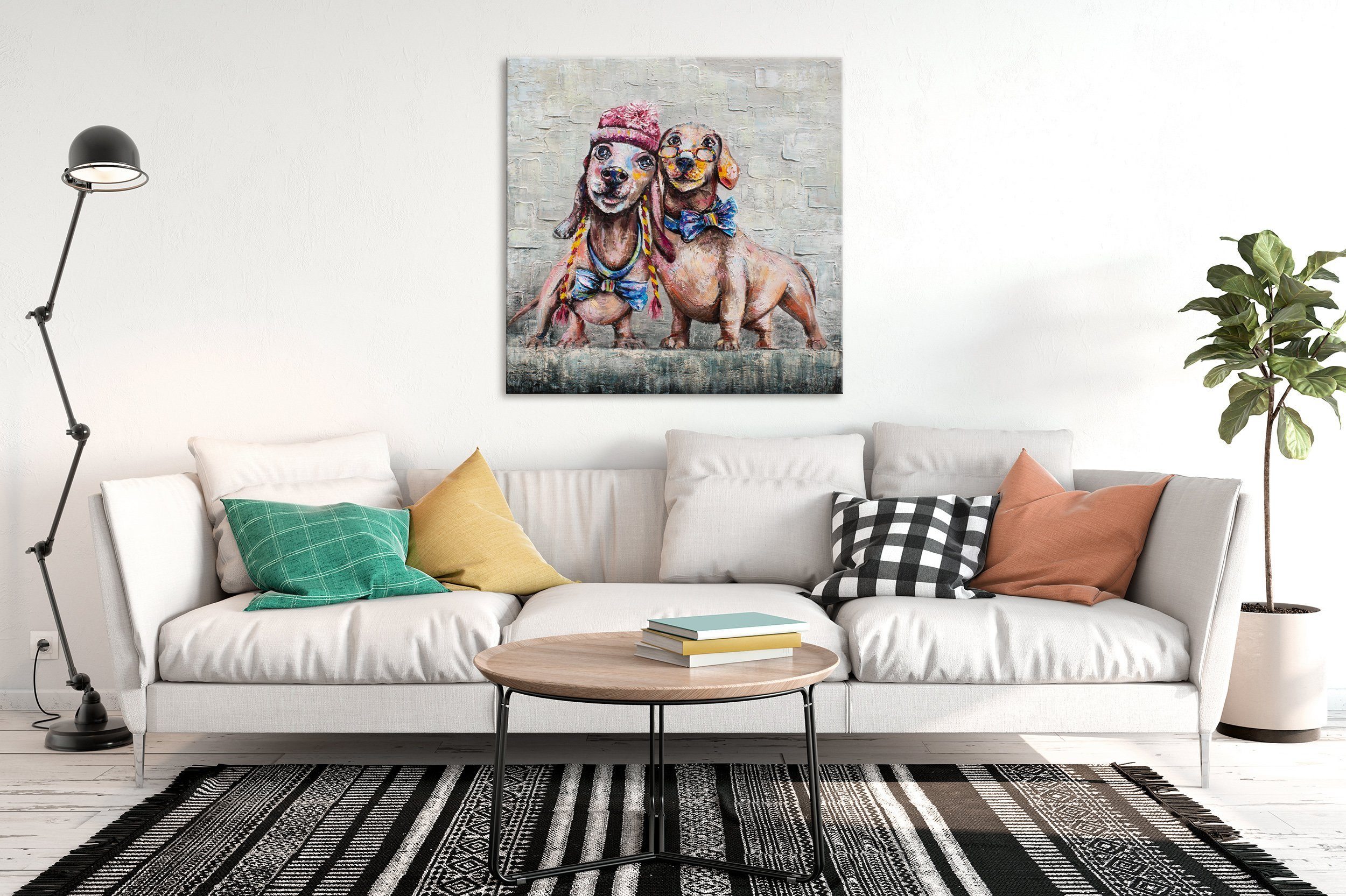 YS-Art Gemälde Bild Brille Fliege Handgemalt Tiere, Leinwand Dackel Hunde Freundschaft, Zwei