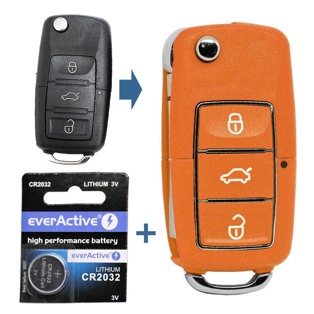 mt-key Auto Klapp Schlüssel 3 Tasten Orange + 1x Rohling HAA + 1x CR2032 Knopfzelle, CR2032 (3 V), für NEU VW SEAT SKODA ORANGE Funk Fernbedienung