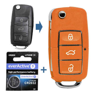 mt-key Auto Klapp Schlüssel 3 Tasten Orange + 1x Rohling HAA + 1x CR2032 Knopfzelle, CR2032 (3 V), für NEU VW SEAT SKODA ORANGE Funk Fernbedienung