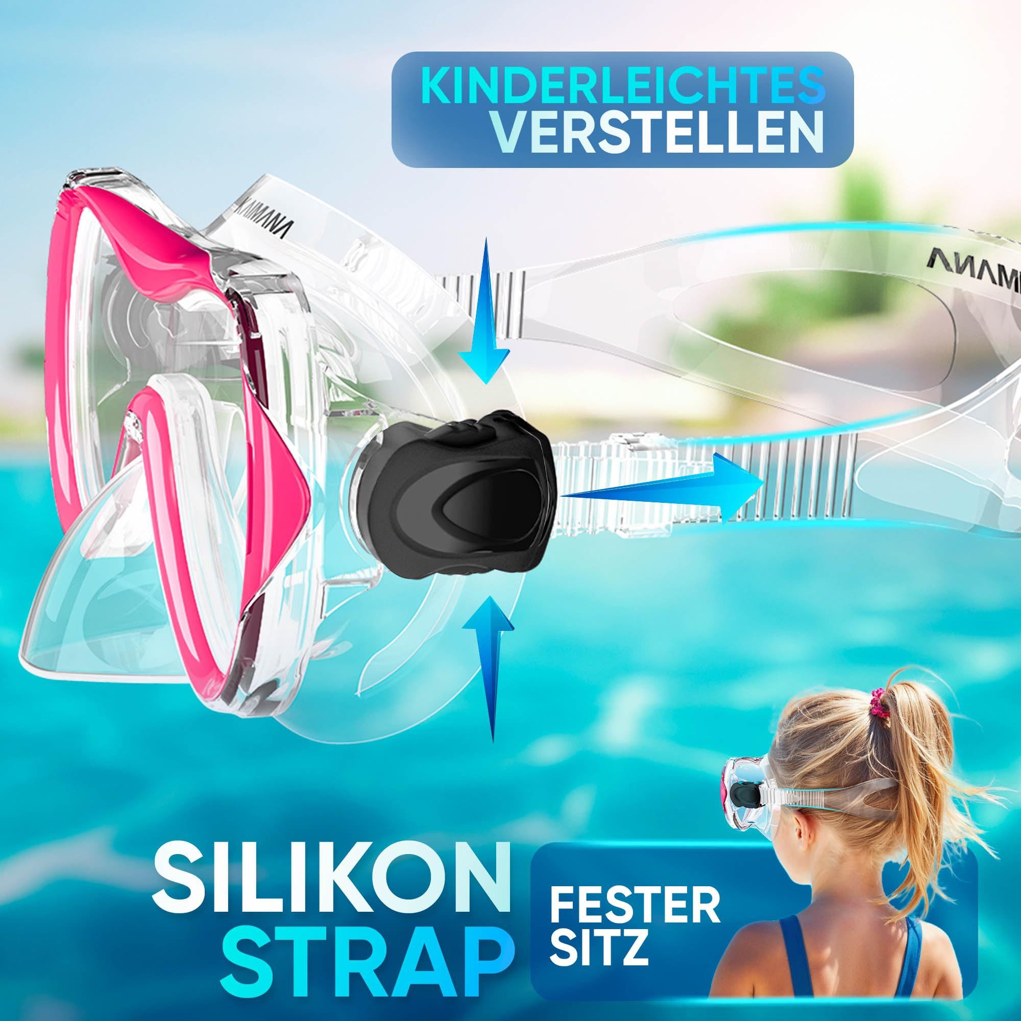 KAIMANA Tauchermaske SeaExplorer Schnorchelset Kinder inkl. Tragetasche, (Taucherbrille mit Schnorchel, Taucherbrille Kinder), Taucherbrille mit Stoffband/Silikonband