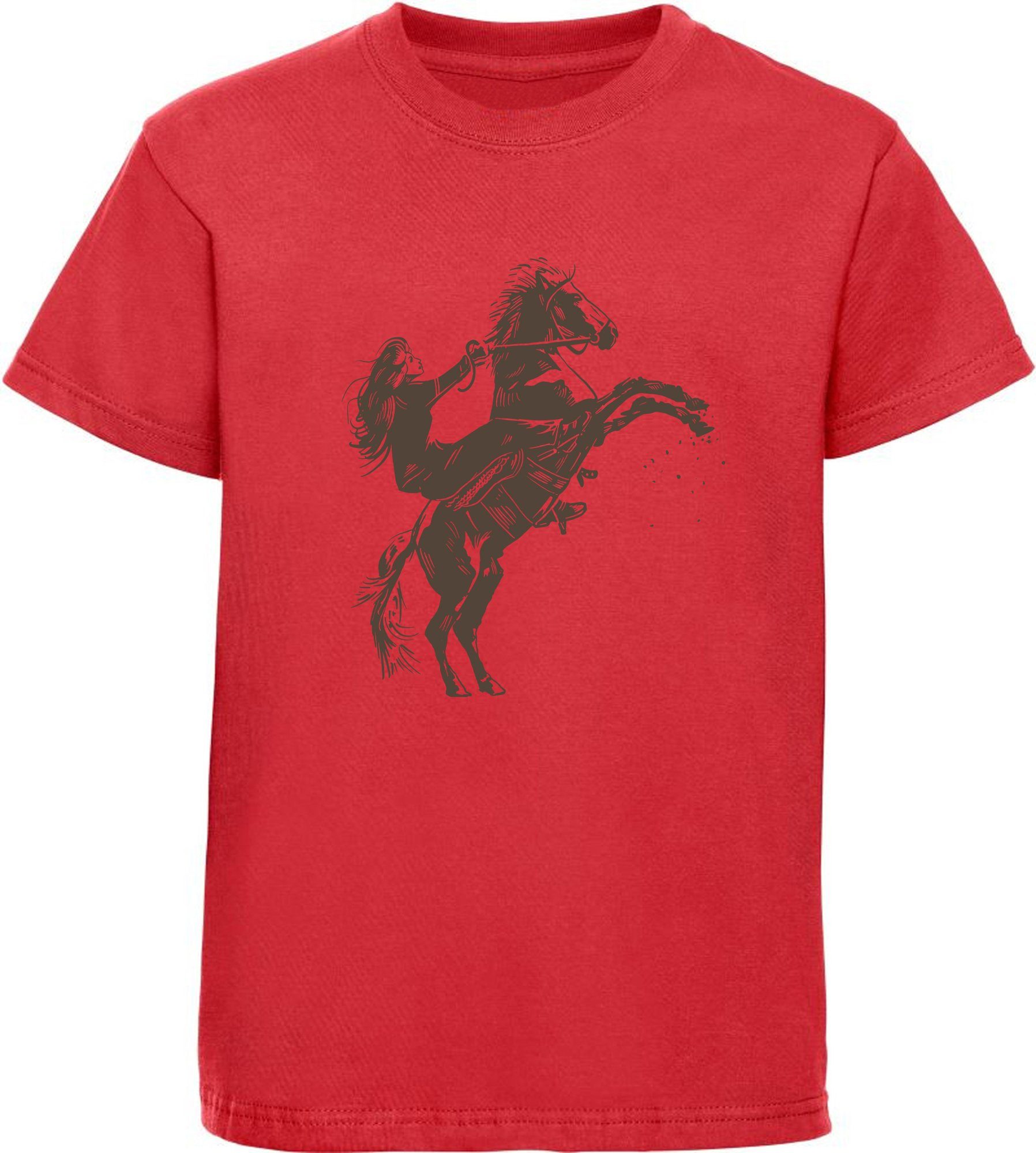 MyDesign24 T-Shirt Kinder Pferde Print Shirt bedruckt - Aufsteigendes Pferd mit Reiter Baumwollshirt mit Aufdruck, i252 rot
