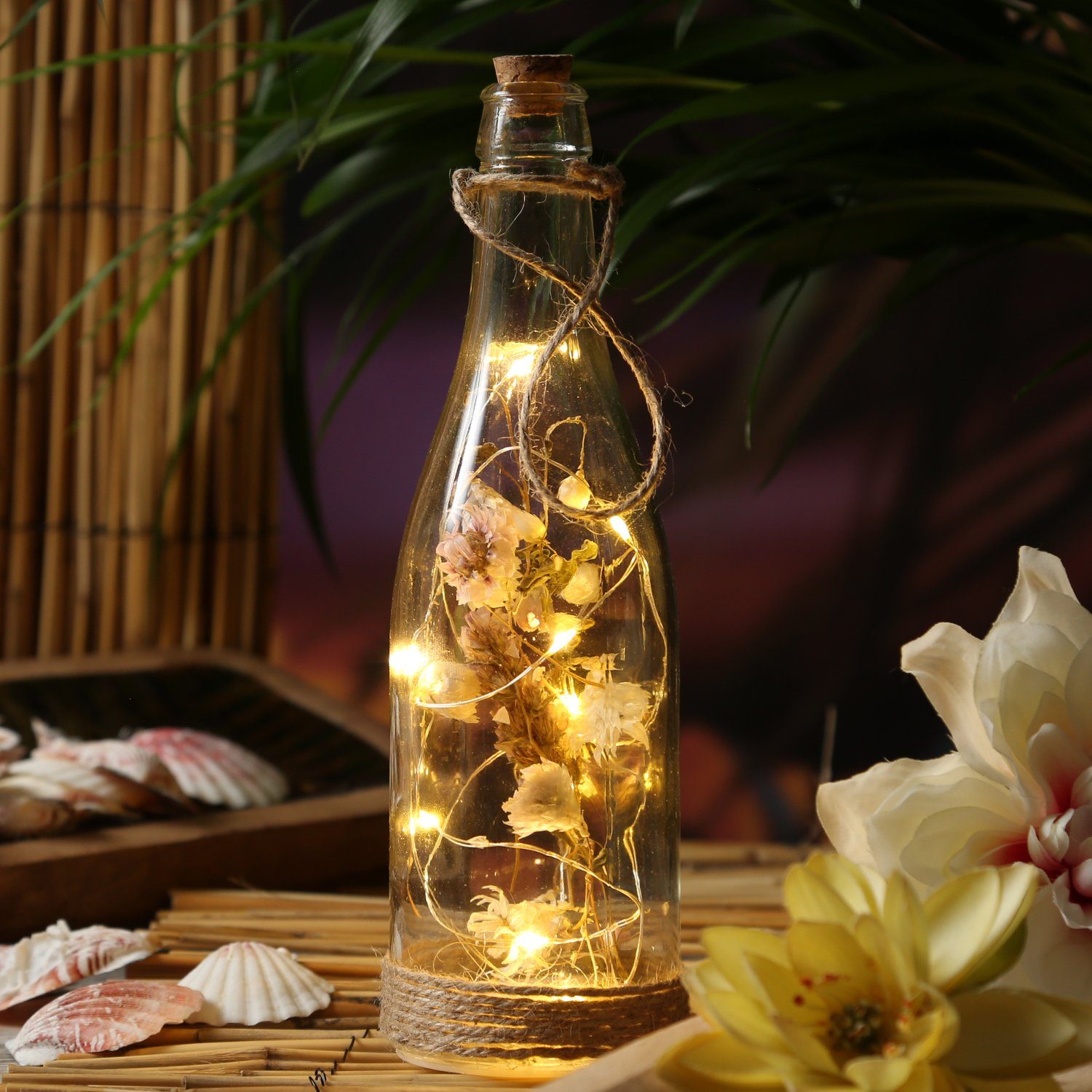 MARELIDA LED Dekolicht LED Deko Flasche mit Trockenblumen beleuchtet Leuchtflasche H: 24cm, LED Classic, warmweiß (2100K bis 3000K)
