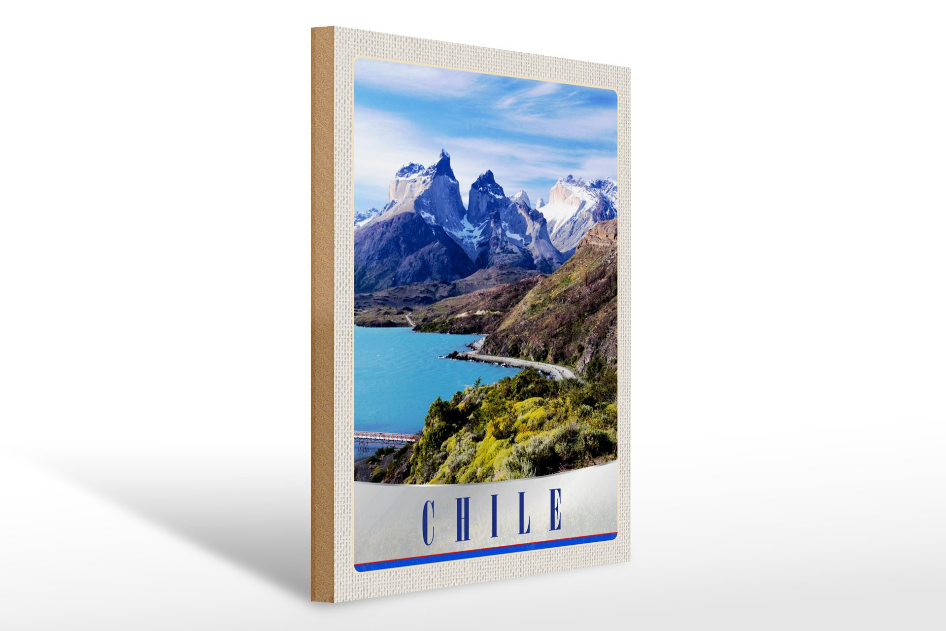 Holzbild Reise 30x40cm Chile Gebirge Meer Natur Schnee