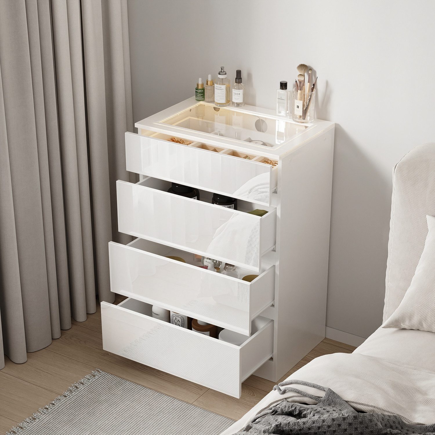 FUFU&GAGA Schmuckschrank Kommode, Weiß Hochglanz 60cm mit LED-Beleuchtung und Glasdeckel