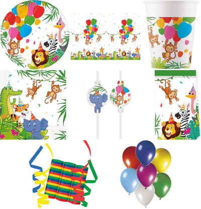 Procos Einweggeschirr-Set 157-tlg Set Kindergeburtstag Party Feier Deko Motto Dschungel Ballon (157-tlg), 8 Personen, Pappe