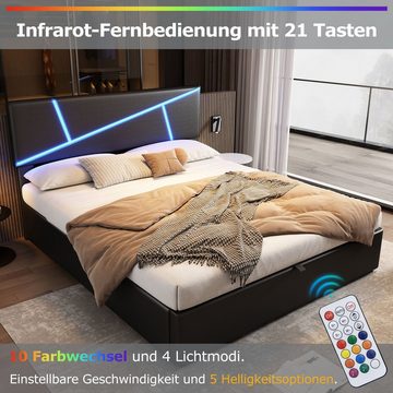 Fangqi Polsterbett 160*200 Polsterbett, mit hydraulischem Stauraum und LED-Beleuchtung (Doppelbett mit Kopfteil,Kinderbett,Jugendbett, Gästebett, Familienbett)