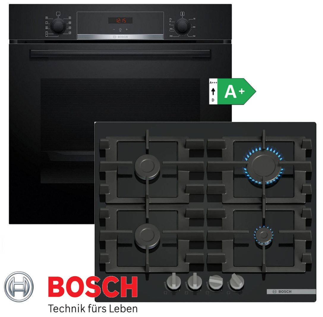 BOSCH Gasherd-Set Gas Autark Elektro Backofen Schwarz Teleskop + GAS Kochfeld Glas, mit 1-fach-Teleskopauszug, -Reinigungsassistent: Weniger Reinigungsaufwand dank neuer Reinigungsoption speziell für leichte Verschmutzungen.