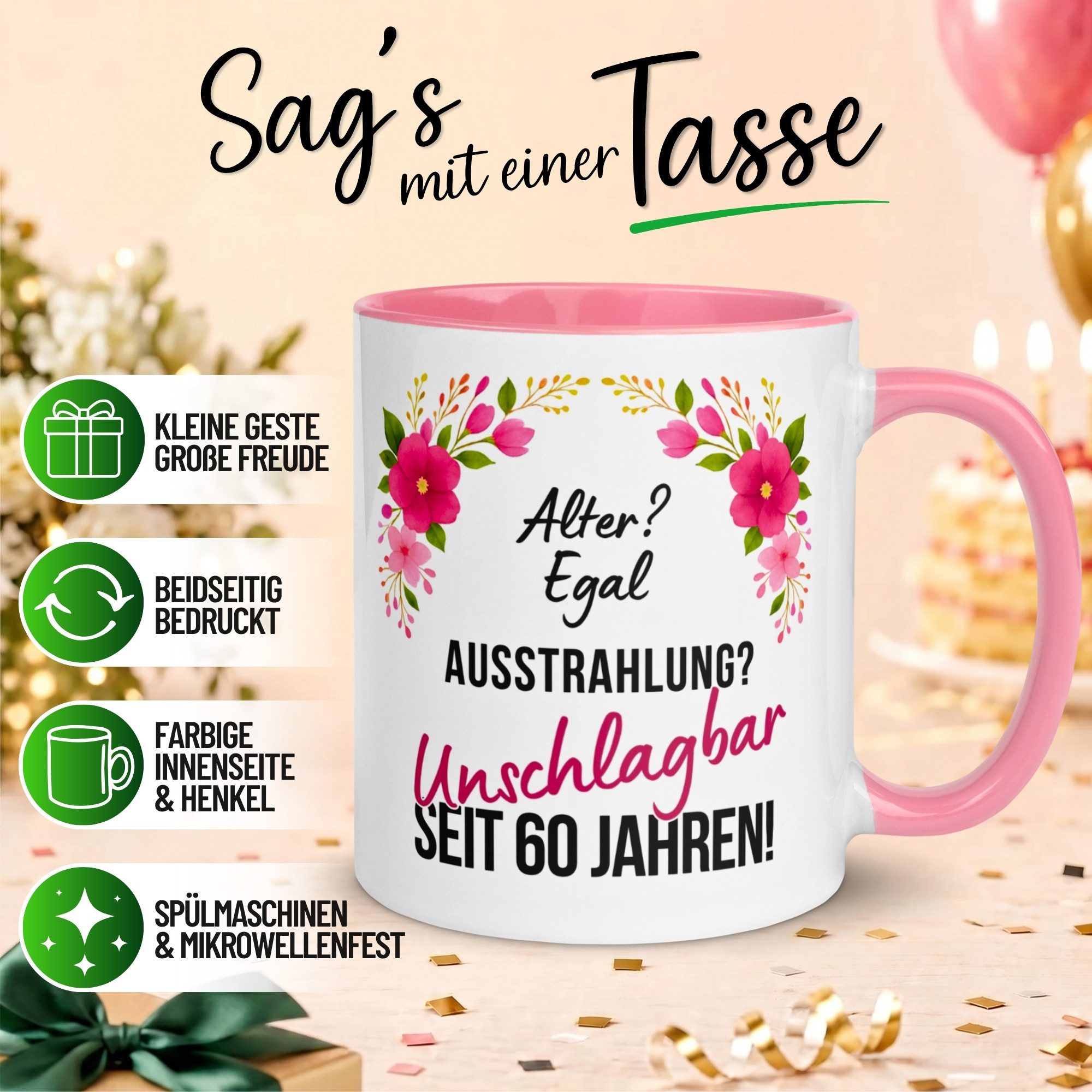 Momentals Tasse Geschenk zum 60. Geburtstag Frau – „Ausstrahlung einfach Unschlagbar“, Gratis Versand · Links-&Rechtshänder · Spülmaschinenfest