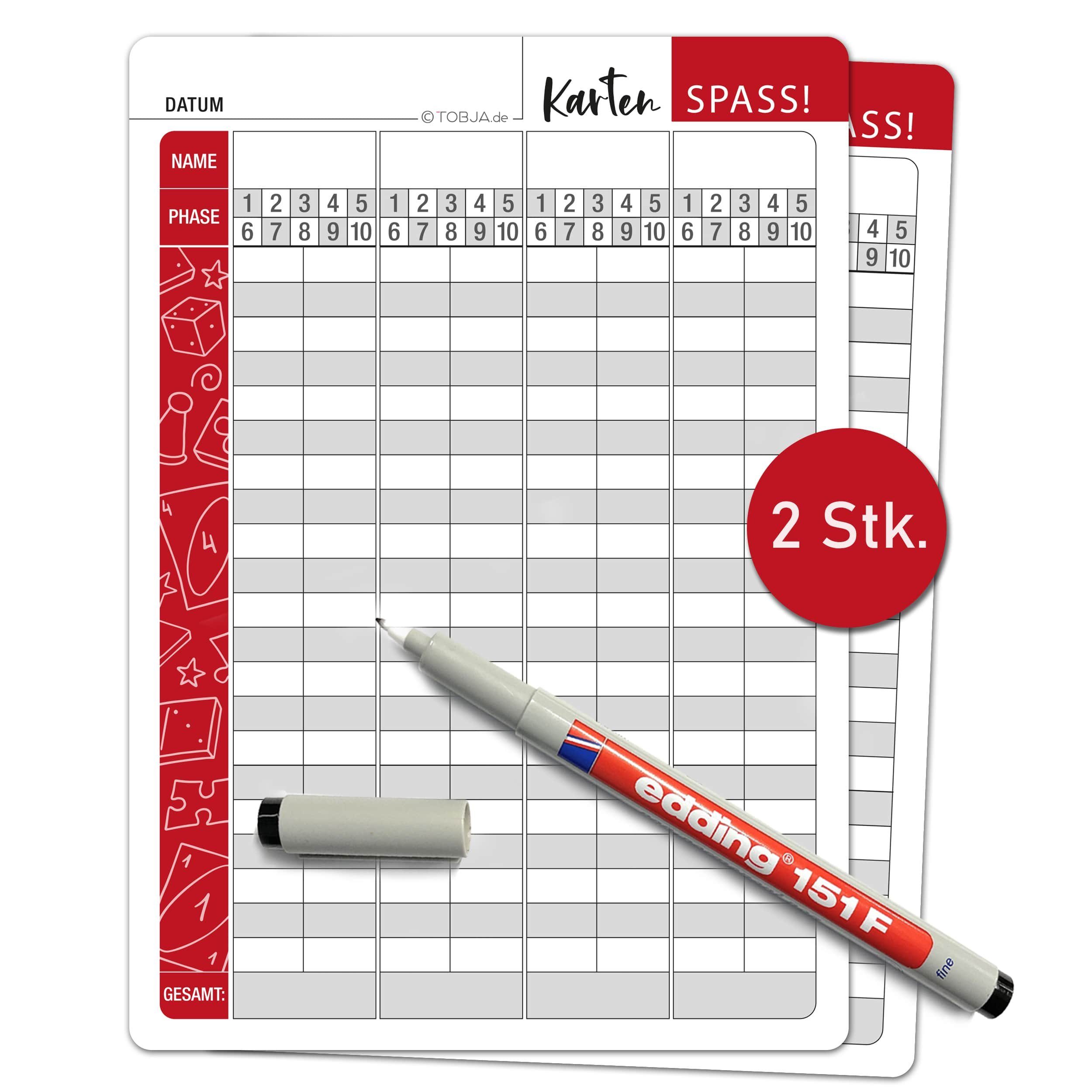 TOBJA Spiel Phase X A5 2x Blatt abwischbar [+1 Stift], Wertungsblock abwischbar, kompatibel mit Phase 10 in A5