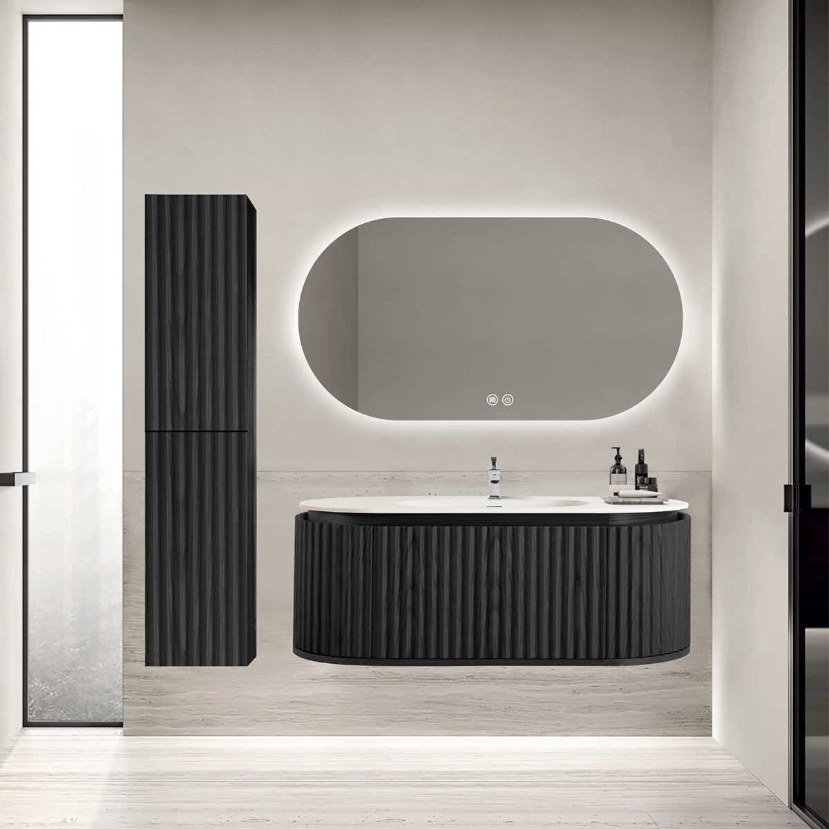 Belvit Waschbecken BV-WB3361-1 (einzel, 1-St), Waschtisch abgerundet mit Ablagefläche 100 cm mattweiß