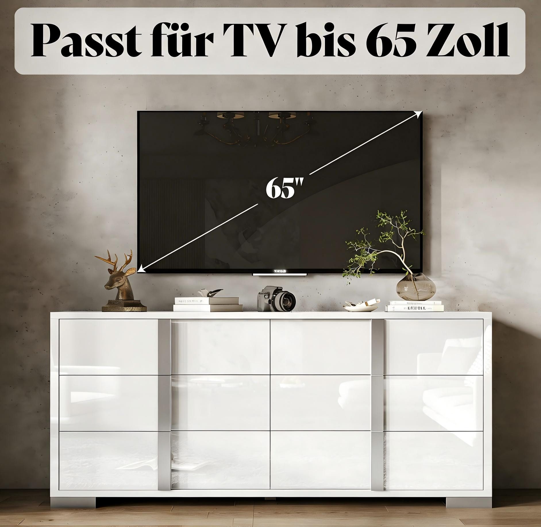 AMERLIFE Kommode Hochglanz Weiß 138x80x40 cm mit 6 Schubladen & Spiegelgriffen (1 St) – Bild 3 von 5