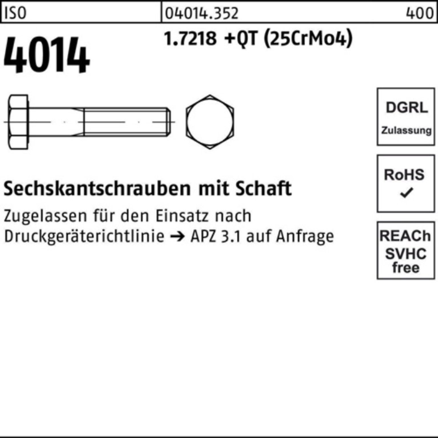 Bufab Sechskantschraube 100er Pack ISO 200 (25Cr 1.7218 M24x 4014 Schaft Sechskantschraube +QT
