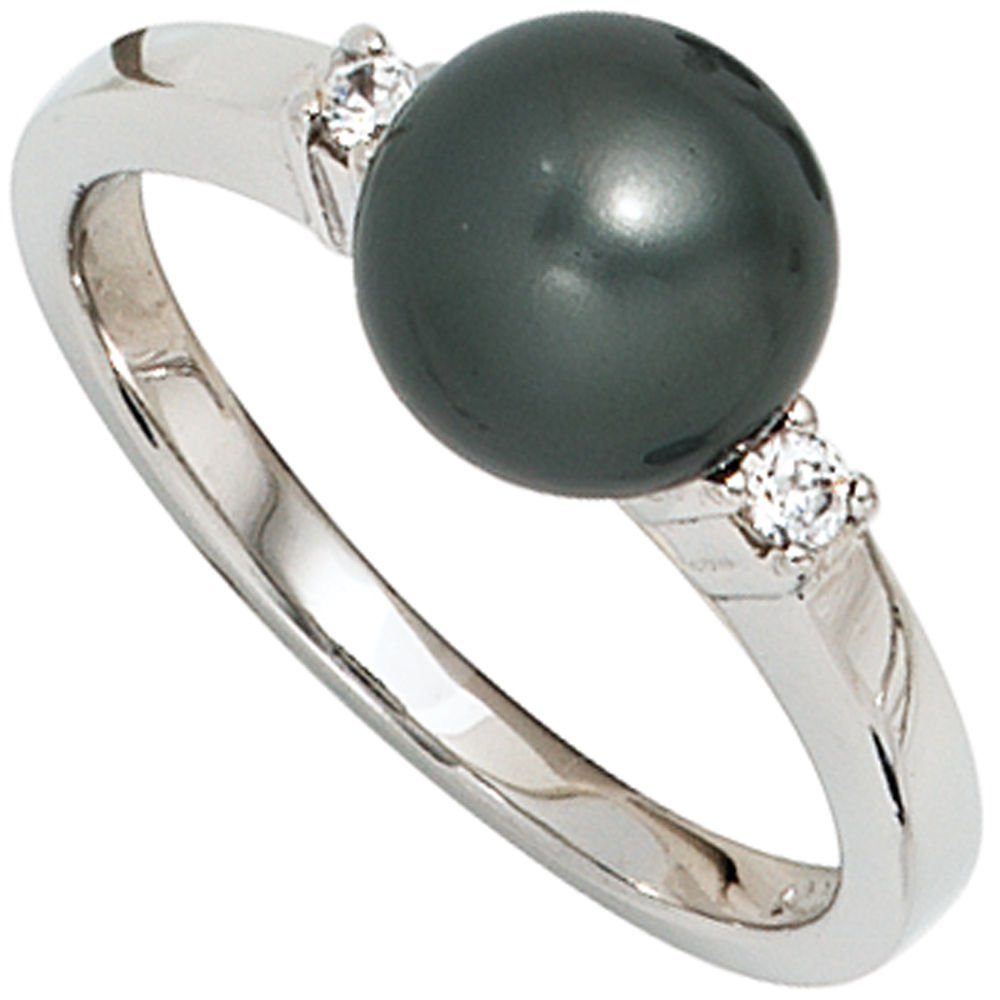 Schmuck Krone Silberring Ring Damenring dunkle synthetische Perle & Zirkonia 925 Silber Damen, Silber 925