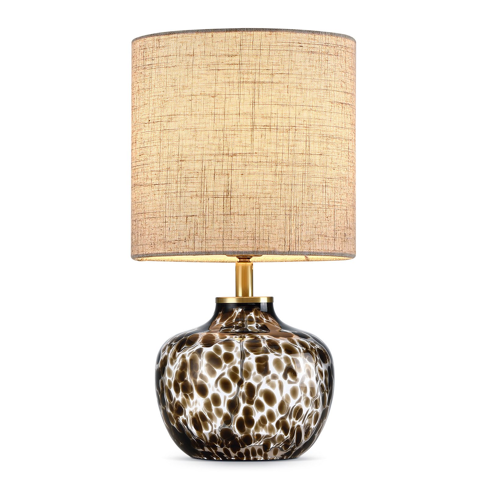 STANBOW Tischleuchte Tischlampe mit Glassockel & Stoffschirm, modern, E27, ohne Leuchtmittel, mit Leopardenmuster-Glasfuß & naturfarbenem Jute-Schirm