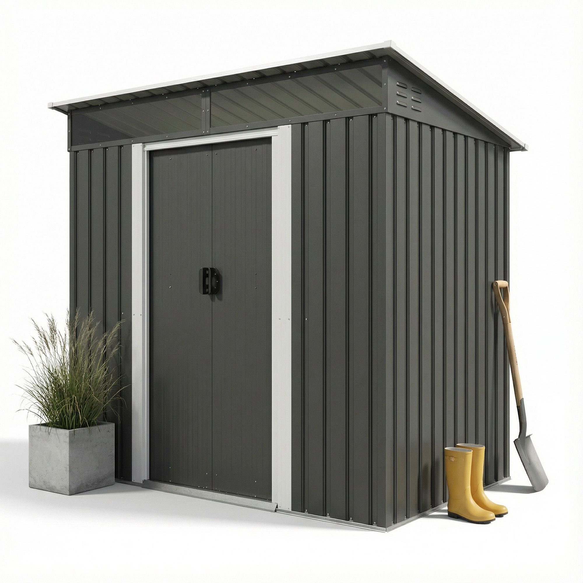 GUNJI Gerätehaus Metall Geräteschuppen Inkl. Stahlfundament, Gartenhaus mit Pultdach, M: 1,8m x 1,1m, L: 2.3m x 2m, XL: 2.4m x 3m, Doppelschiebetür