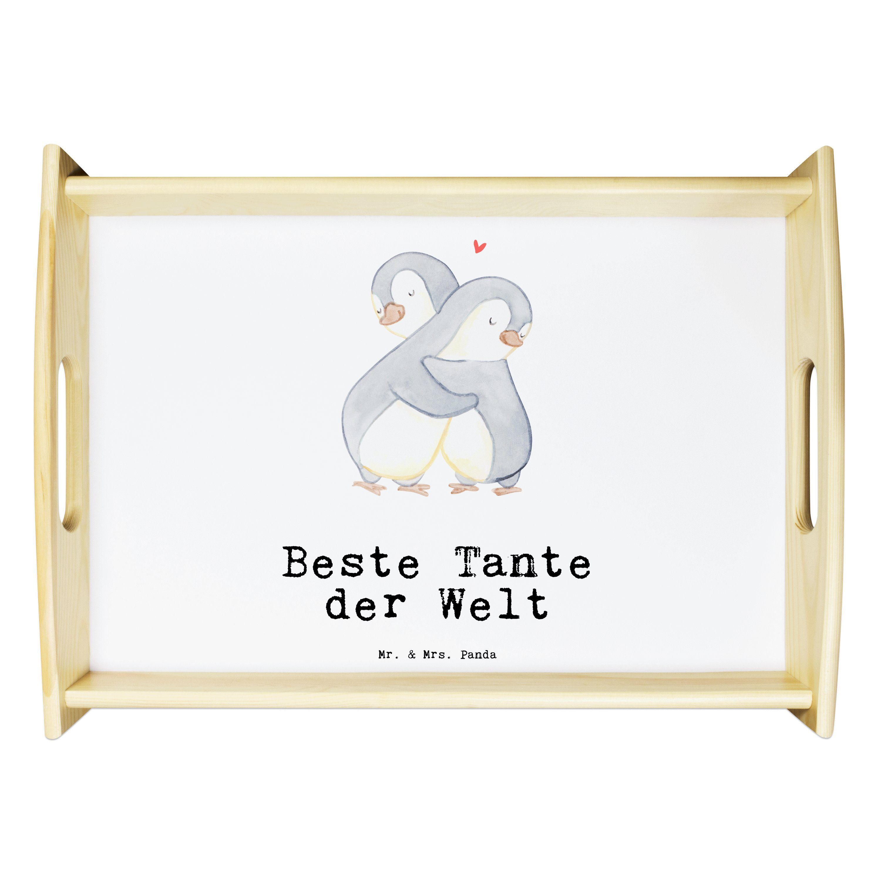 Mr. & Mrs. Panda Tablett Pinguin Beste Tante der Welt - Weiß - Geschenk, Taufe, Tablett, Gebur, Echtholz lasiert, (1-tlg)