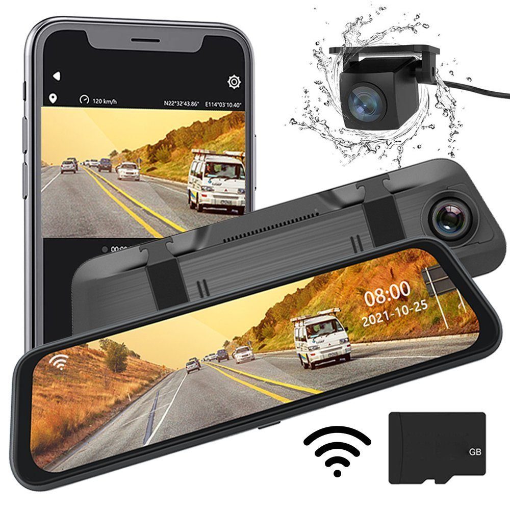XIIW »Spiegel Dashcam, 2k + 1080P WiFi HD Auto-Videorecorder Vorne Hinten  Lens mit 160° Weitwinkel, Super Nachtsicht,10" Touchscreen,  Zeitrafferaufnahme und G-Sensor, Parküberwachung« Rückfahrkamera (mit 64 GB  TF Karte)