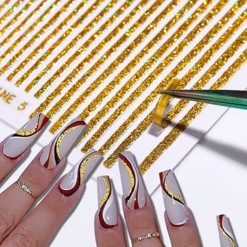 Scheiffy Nageldesign Zubehör 6 Farben Glitzer Linien Nagelaufkleber, Selbstklebend Nagelsticker, 3D Holographische Nagelkunst