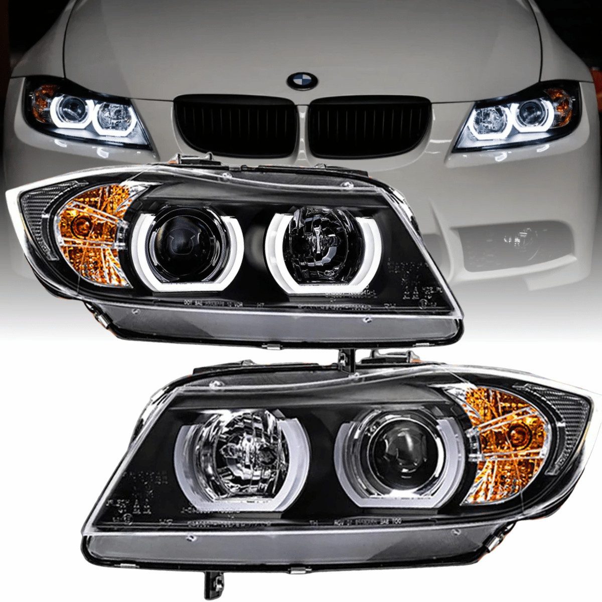 CR Lights LED Scheinwerfer Xenon Scheinwerfer Set für BMW 3er E90 Limo & E91 Touring 2005–2008, weiß, 3D U-LED Angel Eyes, Xenon-Projektor (D1S), E-geprüft
