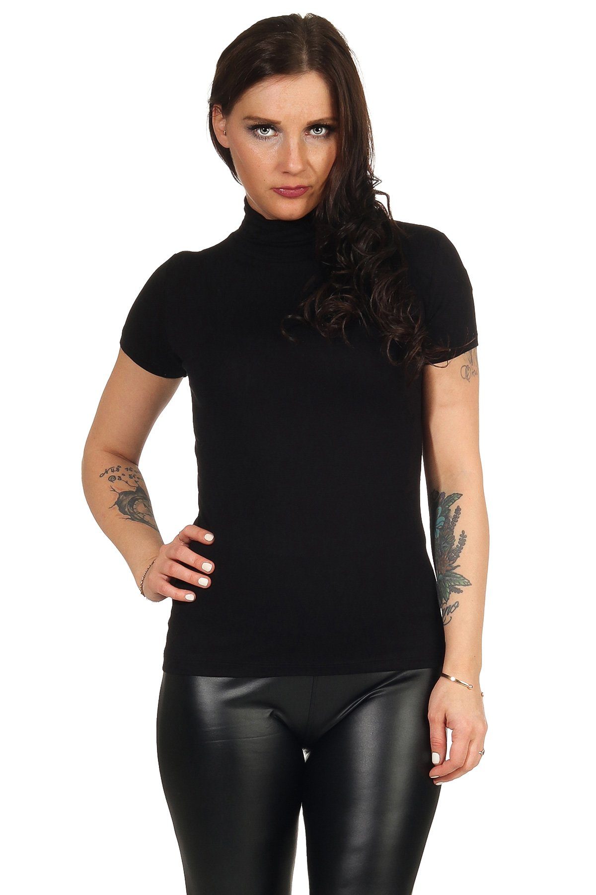 Mellice Rollkragenshirt Damen Kurzarm Schwarz Shirt Rollkragen