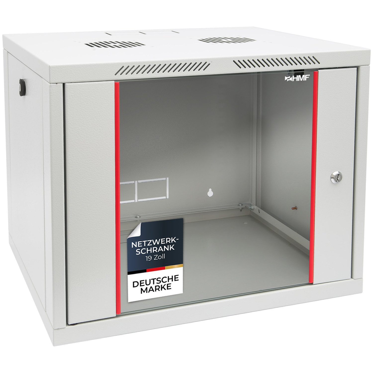 HMF Serverschrank 66409-07 Netzwerkschrank, Serverschrank 19 Zoll, 9 HE, 450 mm Tiefe, voll montiert, Glastür, Lichtgrau