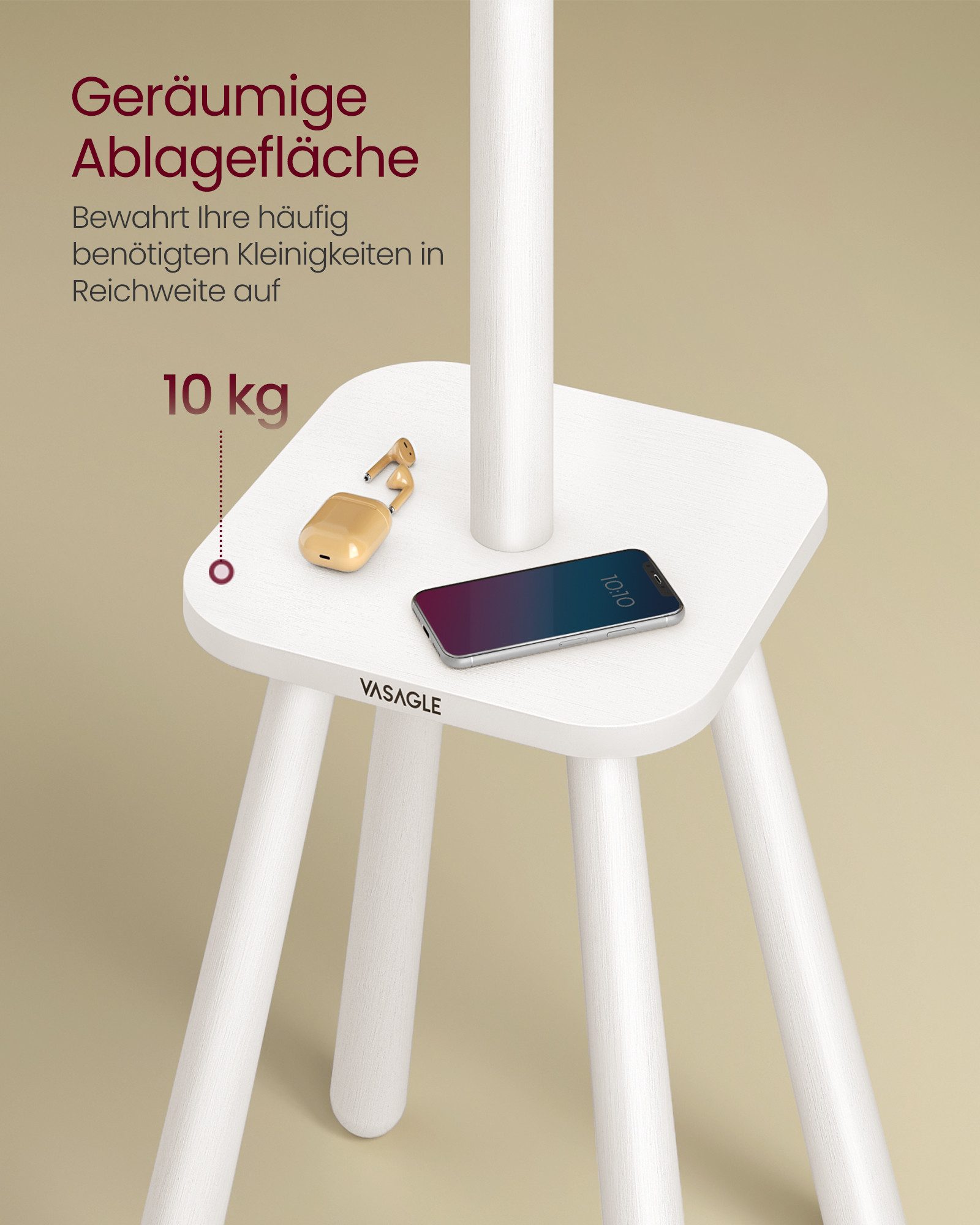 VASAGLE Kleiderständer Garderobenständer, für Mäntel, Hüte, Taschen, Eingangsbereich, Flur, mit 8 Haken und Ablagefläche, wolkenweiß